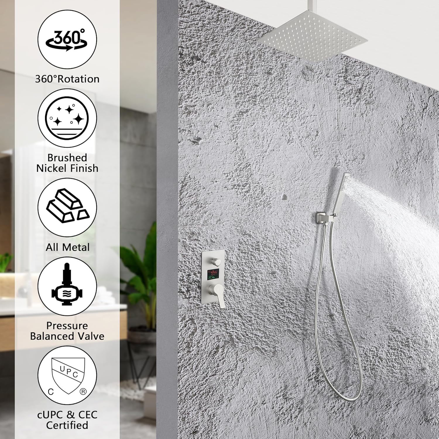 SKOWLL Shower Faucets Sets Complete Ceiling Mount 12 Inch Rain Shower Head with Handheld, Brushed Nickel Digital Shower System Kit Temperature Display