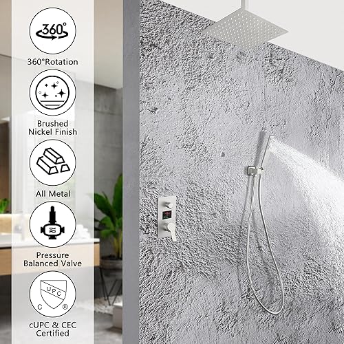 Miniatura 2 de SKOWLL Sistema de ducha de techo con cabezal de ducha digital, juego de grifo de ducha de 12 pulgadas con válvula de pantalla LCD de 2 funciones,