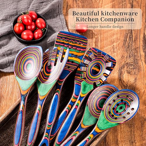 Miniatura 5 de Gudamaye Pakkawood - Utensilios de cocina de madera de 7 piezas, cucharas de madera para cocinar, utensilios de cocina de madera de Pakkawood para