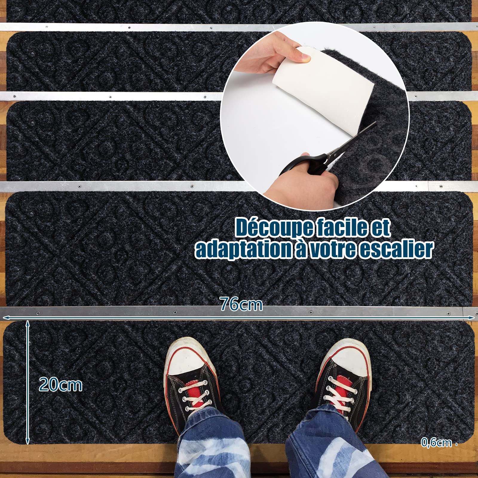COSTWAY Lot de 15 Marchettes d'Escalier Antidérapant 20 x 76 cm Tapis de Protection Autocollants, Sécurité pour Enfants, Personnes Agées et Animaux Domestiques avec Adhésif Réutilisable (Gris)