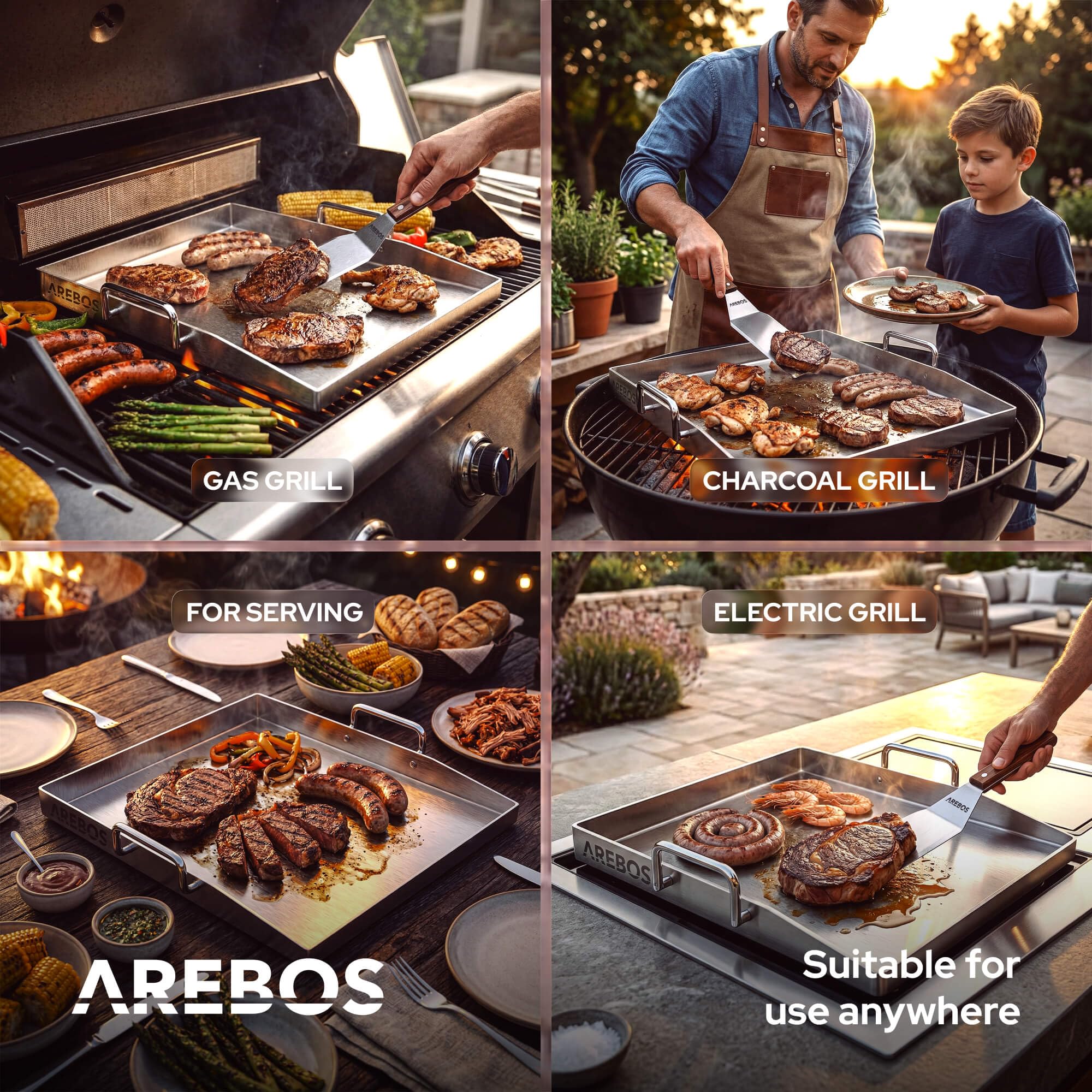 Arebos Płyta Grillowa ze Stali Nierdzewnej 40x30 cm | Plancha do Grilla Gazowego i BBQ | Grubość 4 mm | Odporna do 800°C | Odpływ Tłuszczu | 2 Szpatułki i 5 Szaszłyków w Zestawie