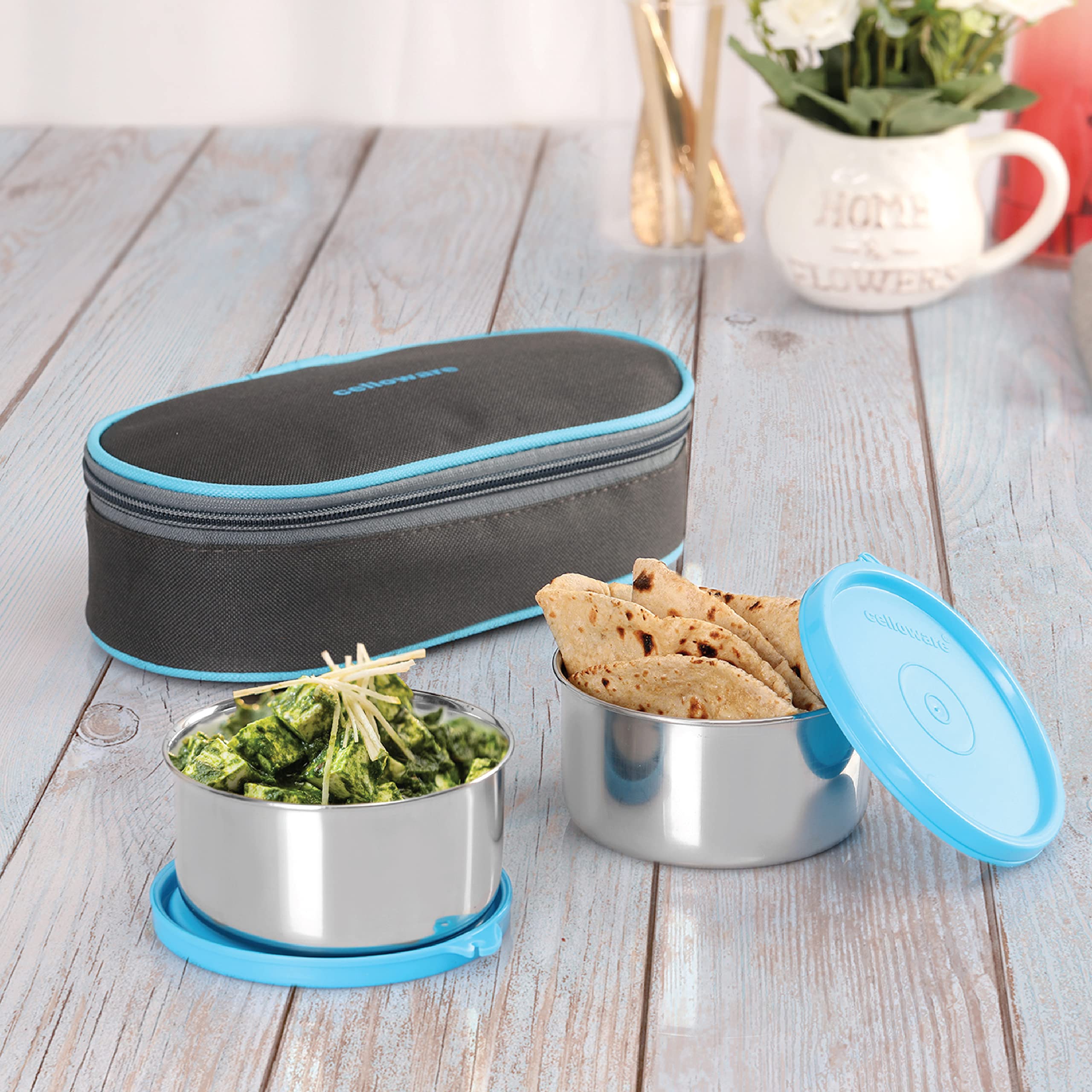 Cello Steelox Stainless Steel Lunch Box-2, Blue, (375ml x 2 Containers)