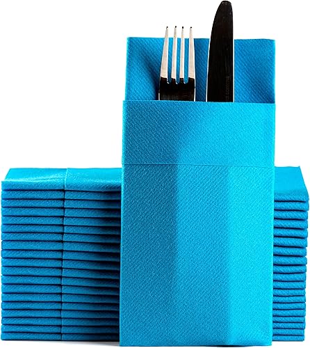 Servilletas de papel de color azul con bolsillo para cubiertos, desechables, absorbentes y con sensación de lino para cocina, baño, fiestas, bodas,