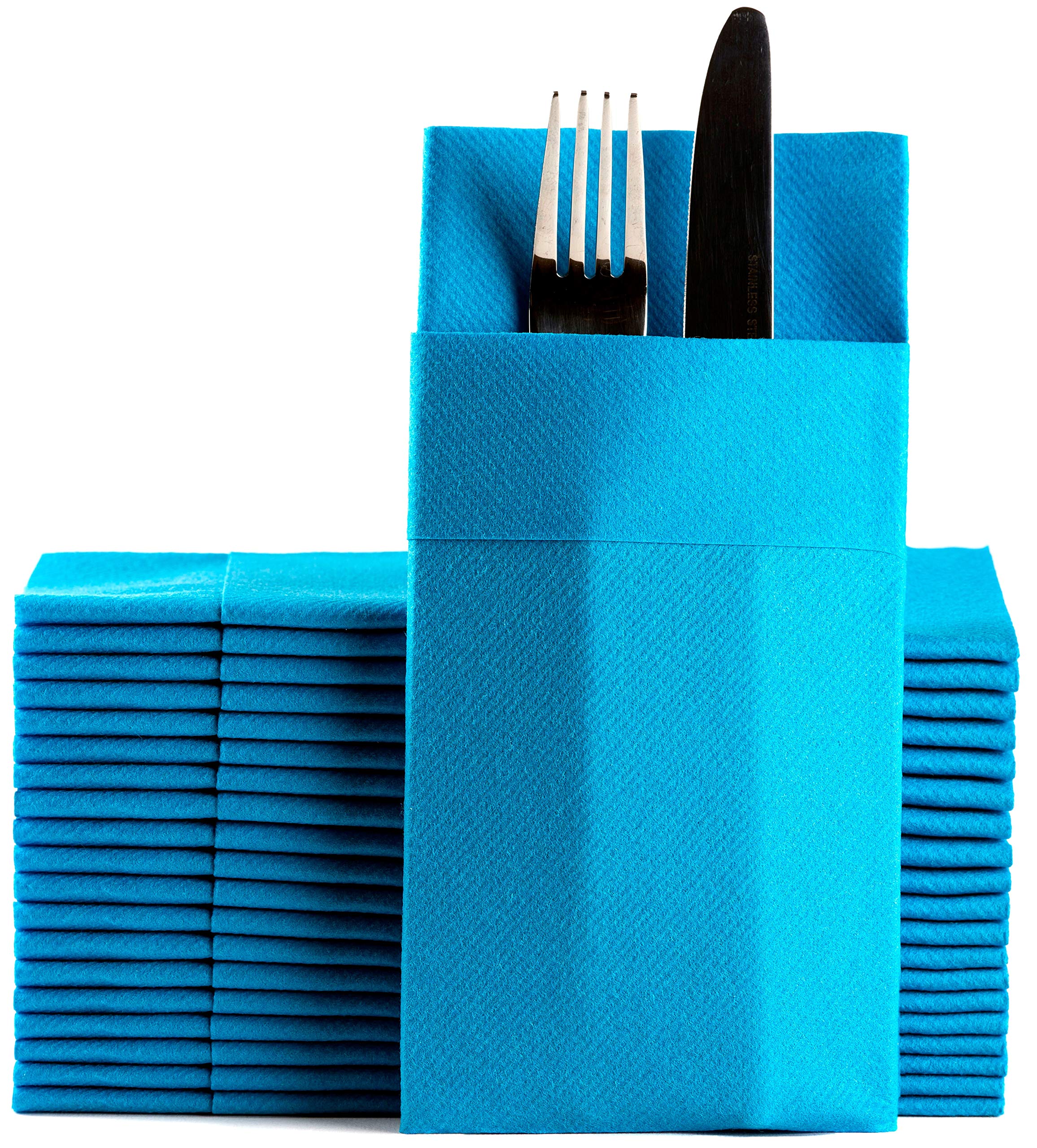 Blue Dinner Napkins Cloth Like with Built-in Flatware Pocket, Linen-Feel Absorbent Disposable Paper Hand Napkins for Kitchen, Bathroom, Parties, Weddings, Dinners or Events, 1/8 Fold, Pack of 50