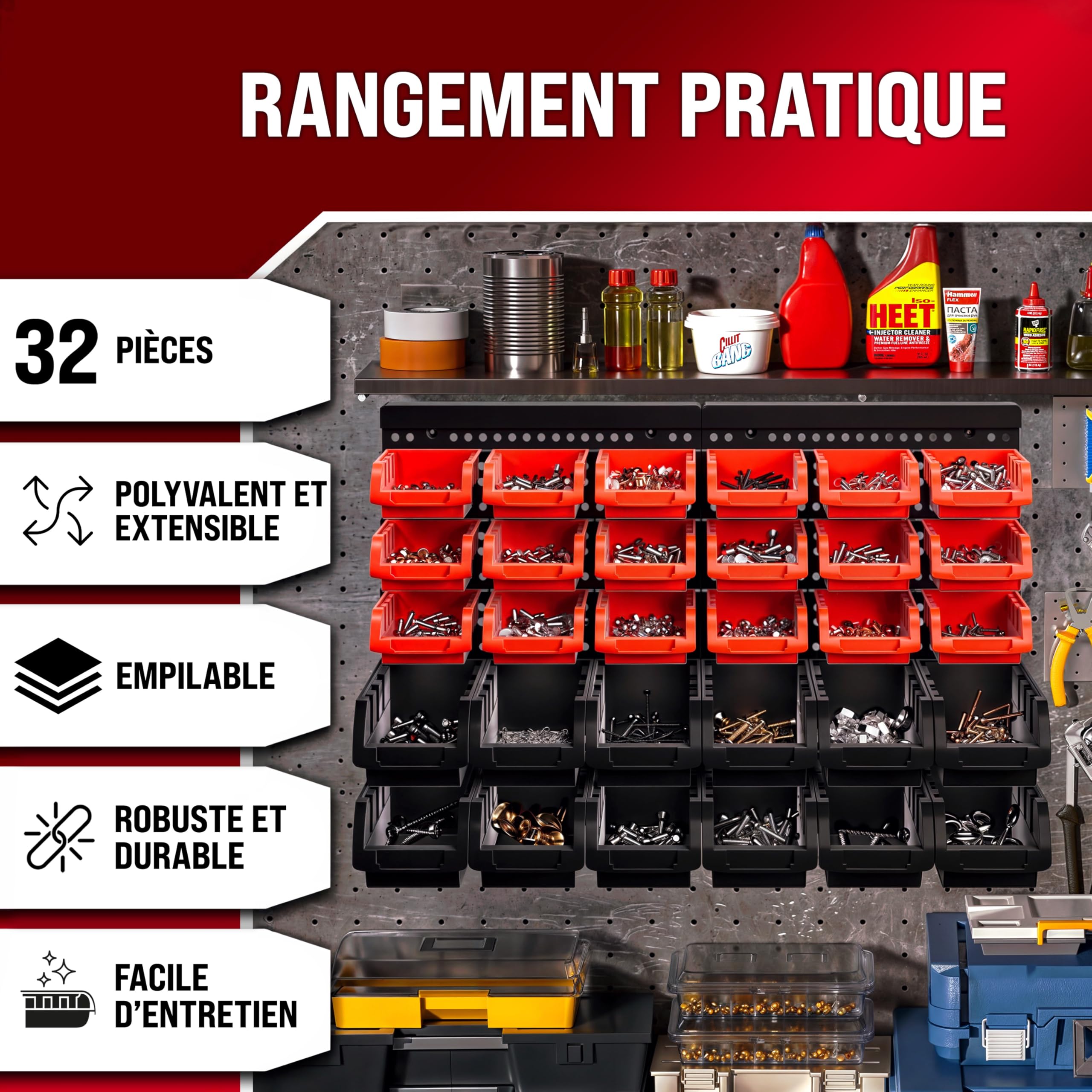 MONZANA® Etagere Murale Pour Atelier Et Garage, Etagere Rangement Modulable Avec 30 Boite Rangement Empilable, Panneaux Muraux En Polypropylène Robuste Pour Visserie Petites Pièces et outils