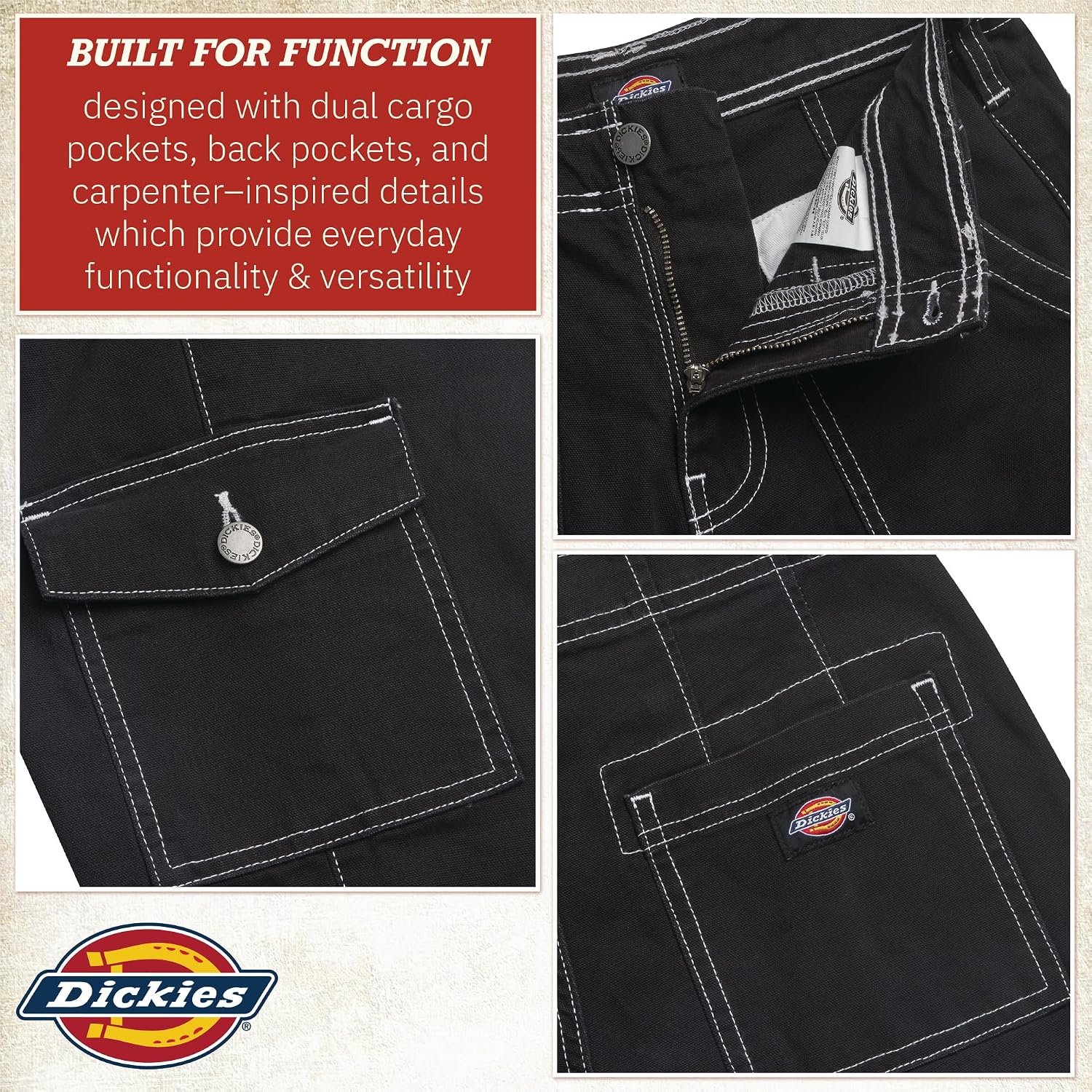 Dickies Womens Skinny Fit High Rise Cargo Carpenter Pants with Pockets | Cuffed Hem Tapered Leg, Articulated Knees for Mobility, Cargo Pockets with Flap Back Pockets, Contoured High-Rise Waistband