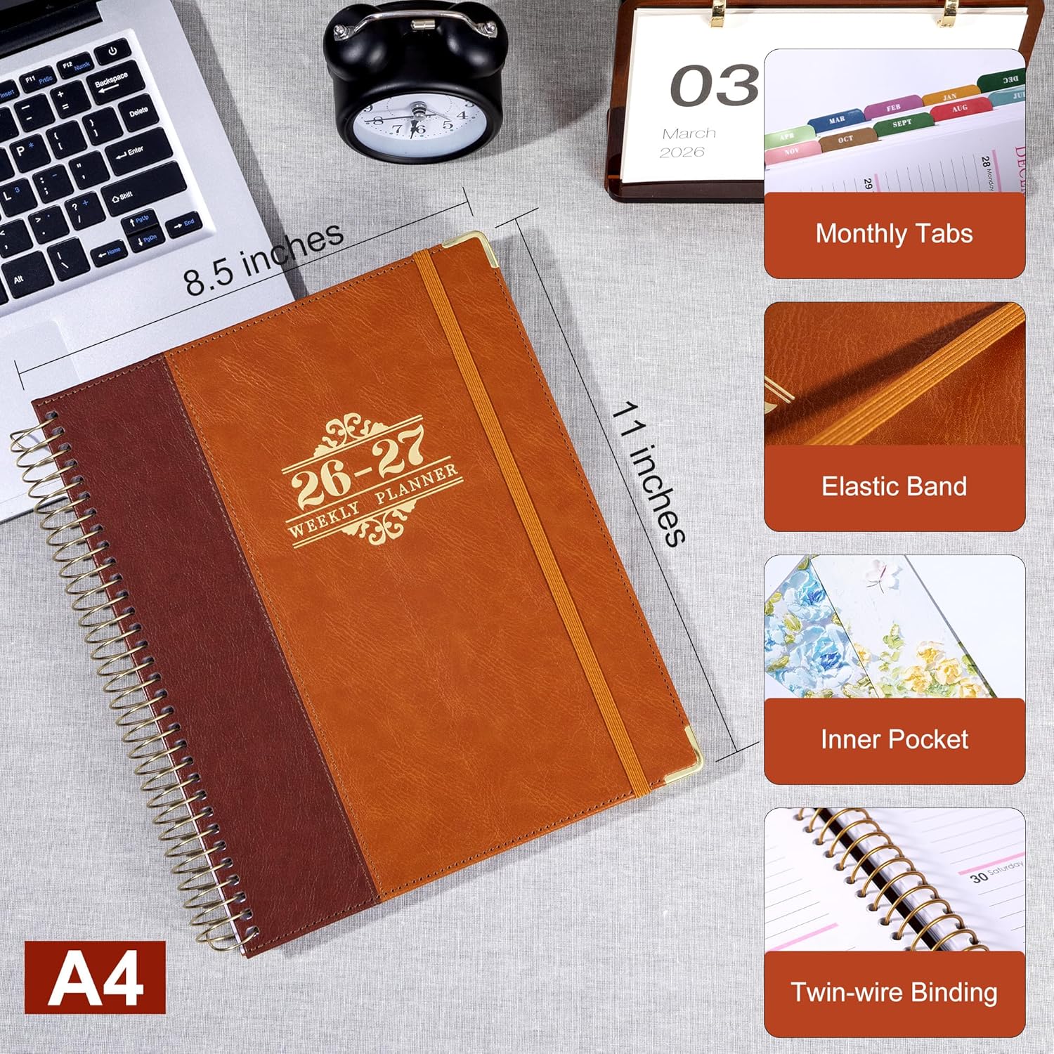 Planner 2026-2027, Leather Two-Tone Planner, 18 Month Weekly and Monthly Planner Calendar with Tabs, Jul 2026–Dec 2027, Large 8.5" x 11" A4 Hardcover Spiral Agenda Planner for Home, School and Work （Rust Brown）