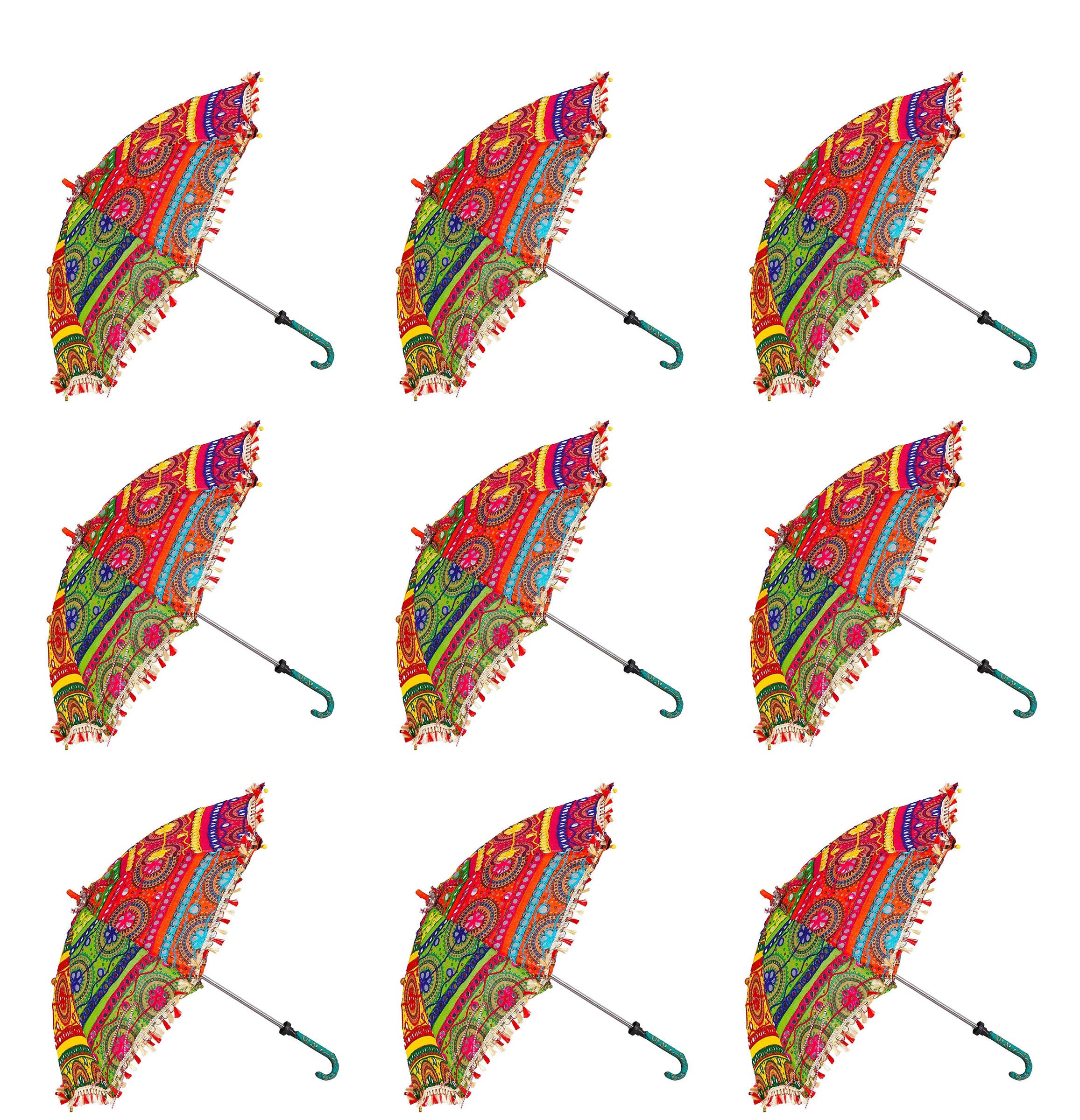 SM CreationsEmbroidery Work Decorative Umbrella Set – Pack of 9 | Gujrati & Rajasthani Style | Ideal for Party Décor, Home Decoration, Pre-Wedding, Garba & Photoshoots