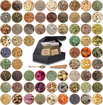 70PCS Witchcraft Herbs Kit, Natural Dried Magical Herbs Set with Crystals Spoon for Spells, Rituals, Witchcraft, Wiccan Supplies, Altar Tools, Apothecary & Witchy Decor