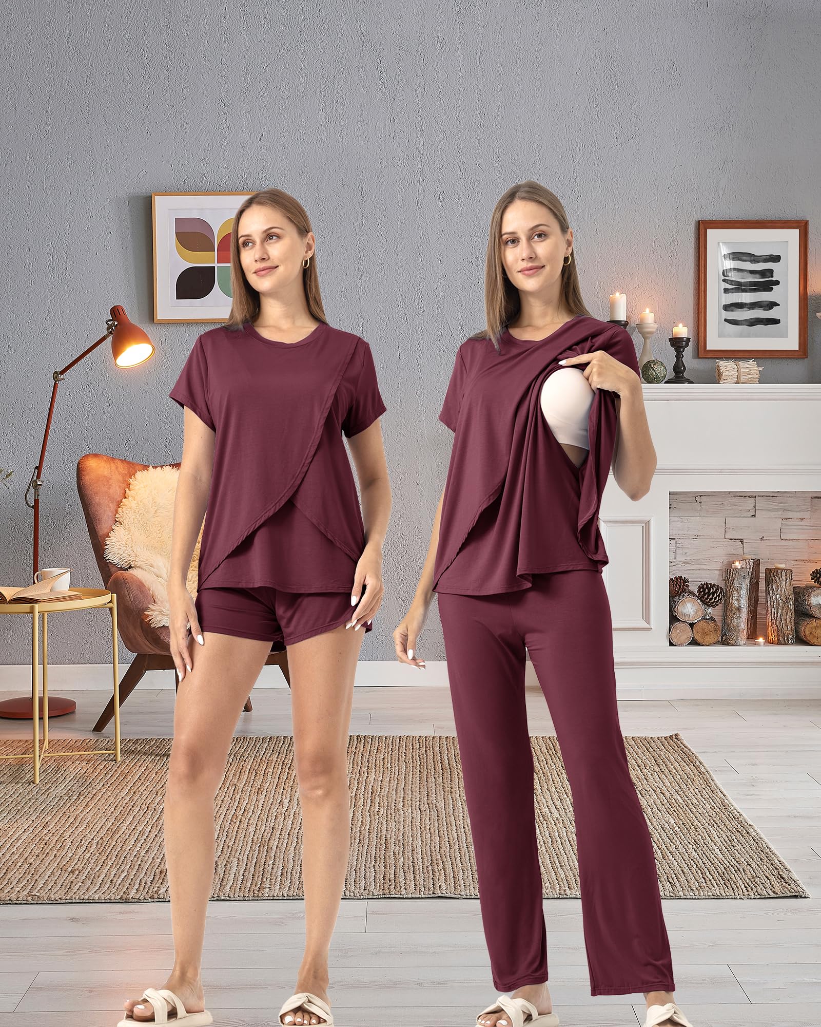 SUNNYBUY 3-częściowy zestaw piżamy do karmienia na czas poporodowy, luźna, miękka, ciążowa, bielizna nocna, odzież wypoczynkowa, warstwa odzieży
