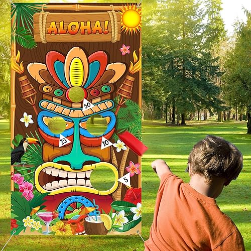Miniatura 6 de Luau Party Games Hawaiian Tiki Party Toss Games Banner con 3 bolsas de frijoles, decoración de tótem para suministros de carnaval tropical de verano