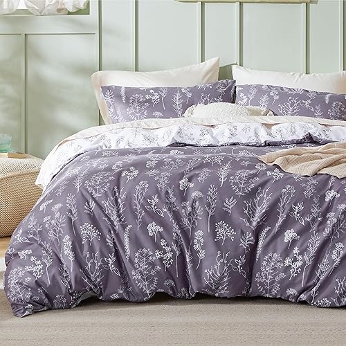 Bedsure Duvet Cover King Size - Reversible Grayish Purple King Duvet Cover Set with Zipper Closure, 3 Pieces Cute Floral Patterned Bedding Set with 8 Corner Ties and 2 Pillow Shams