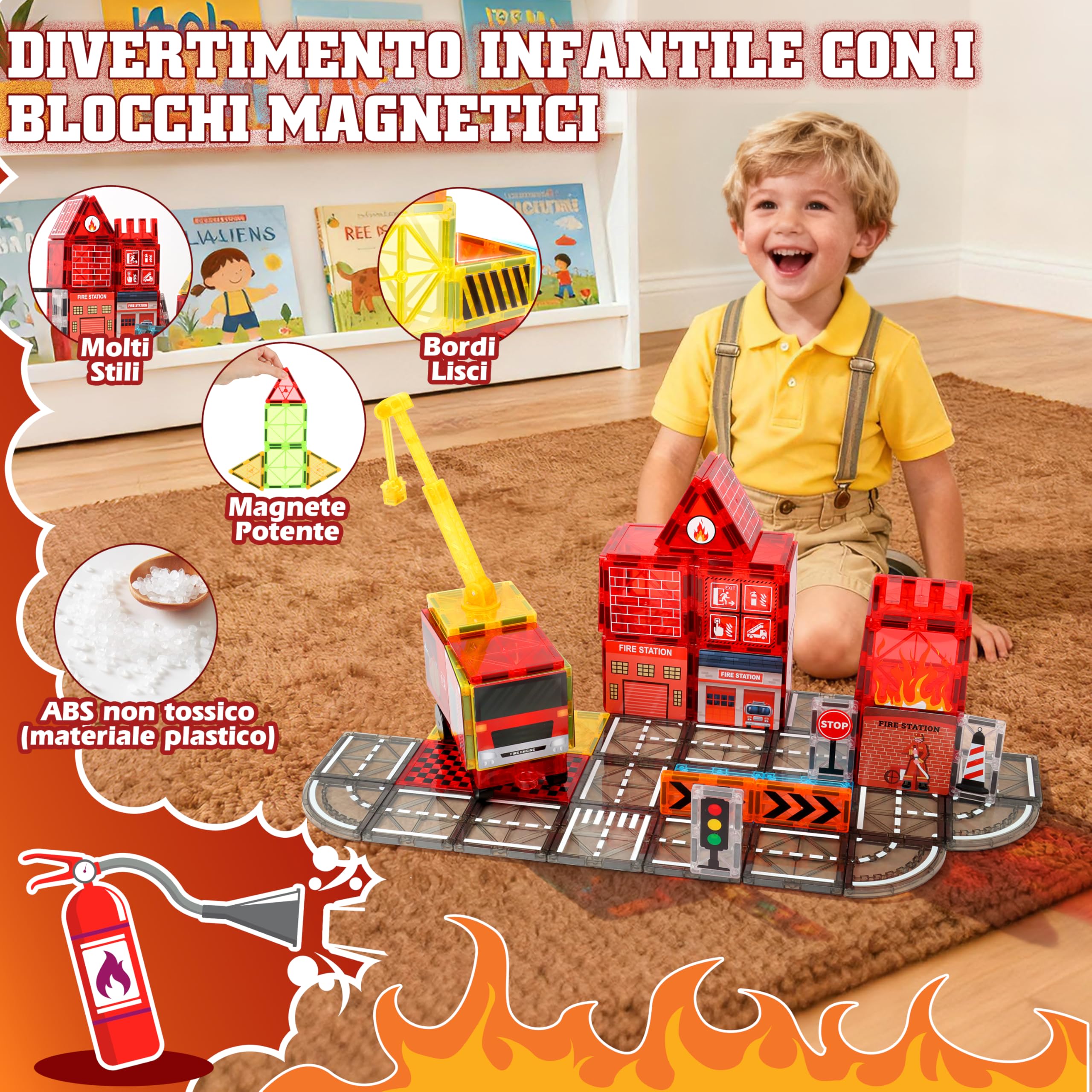 YOOHBERRYS Costruzioni Magnetiche Strada, Costruzioni Magnetiche per Bambini 100 pezzi con Camion dei Pompieri e Building, Tessere Magnetiche Blocchi Magnetici Giocattoli Tiles Magnetic 3 4 5 6 anni
