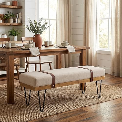 LukeAlon Banco de almacenamiento tapizado de 44 pulgadas, otomano moderno de lino con correas y patas de horquilla metálicas, banco de entrada