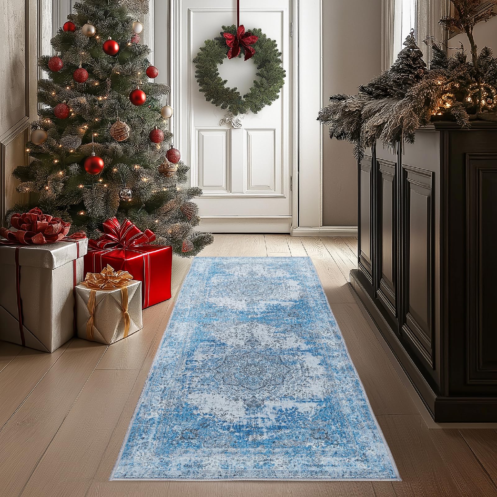 TOPICK Runner Rug Washable Hallway Runner Floral Blue Kitchen Rug Lightweight Non Slip Carpet for Bathroom Bedroom Entrance 60x210cm