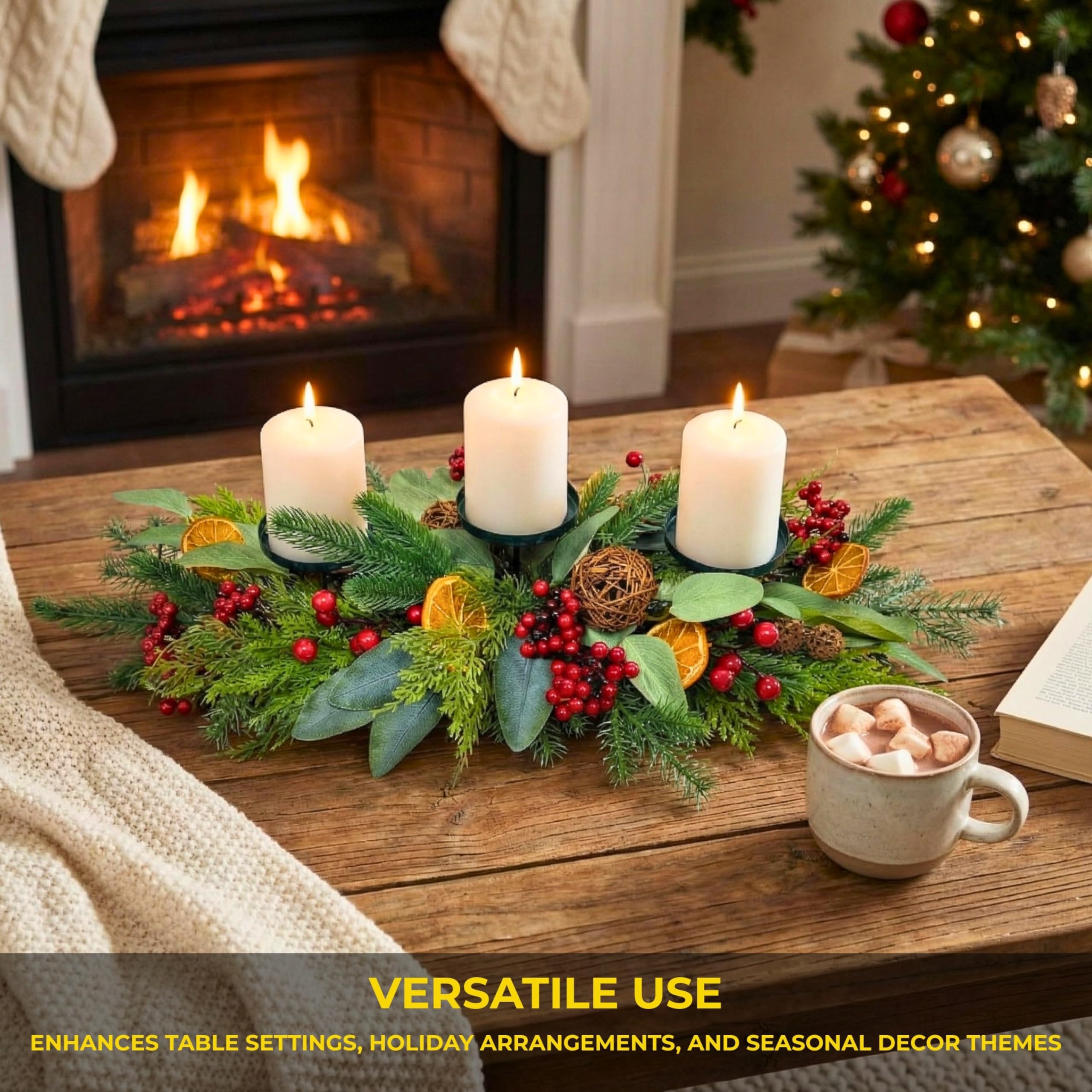 Décoration de Table de Noël avec Feuillage, Baie, Eucalyptus, tranches d'orange, Boules de rotin - Décoration Festive pour la Maison, la Salle à Manger, la cheminée - 66 cm