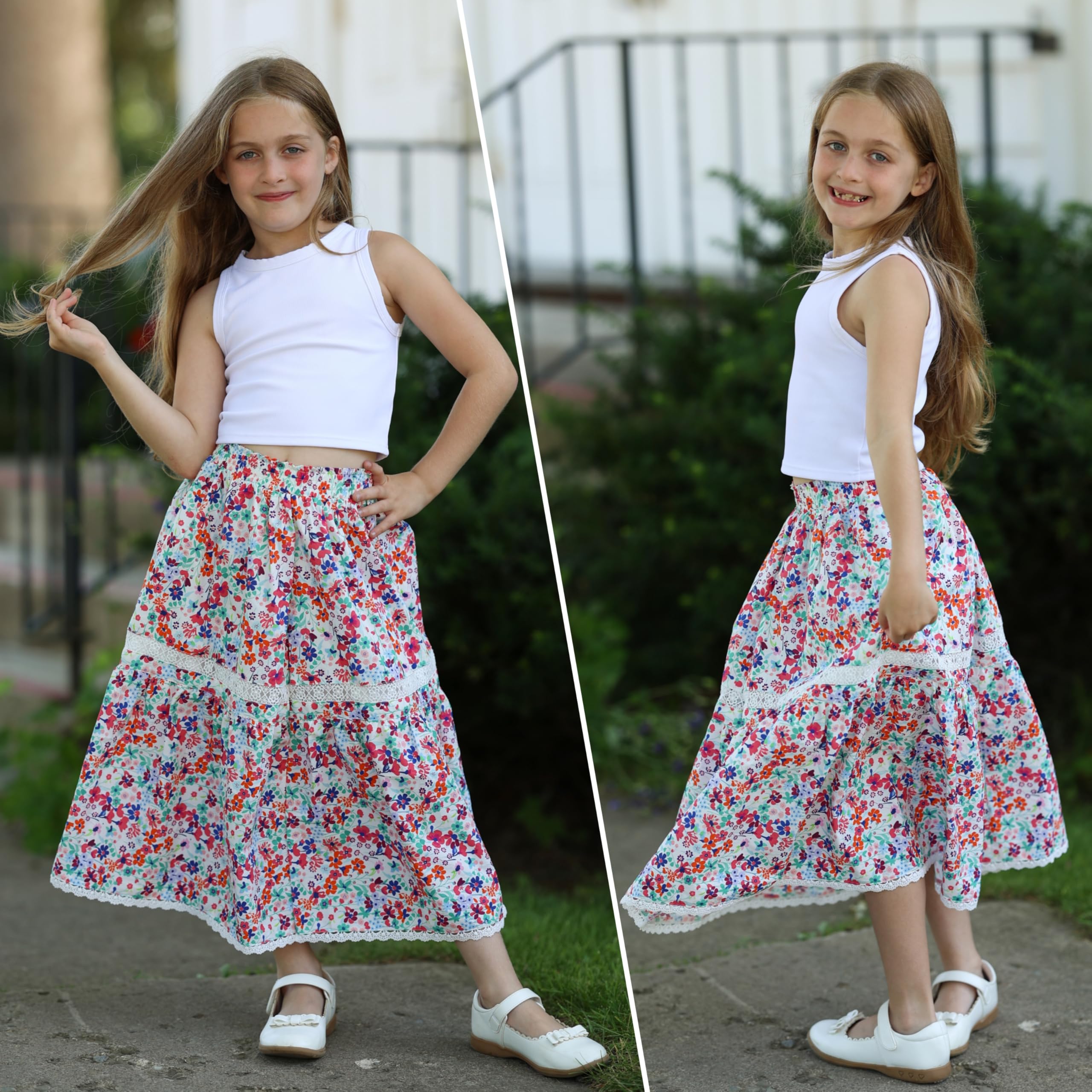 Rolanko Gonna lunga da ragazza con stampa floreale, a vita alta, stile boho, maxi gonna con bordo in pizzo