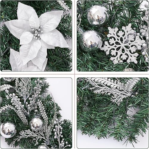 Miniatura 3 de Prelit - Guirnalda de Navidad de 6 pies, color blanco plateado con 30 luces LED, adornos de bolas, copos de nieve, flores de Pascua y bayas,