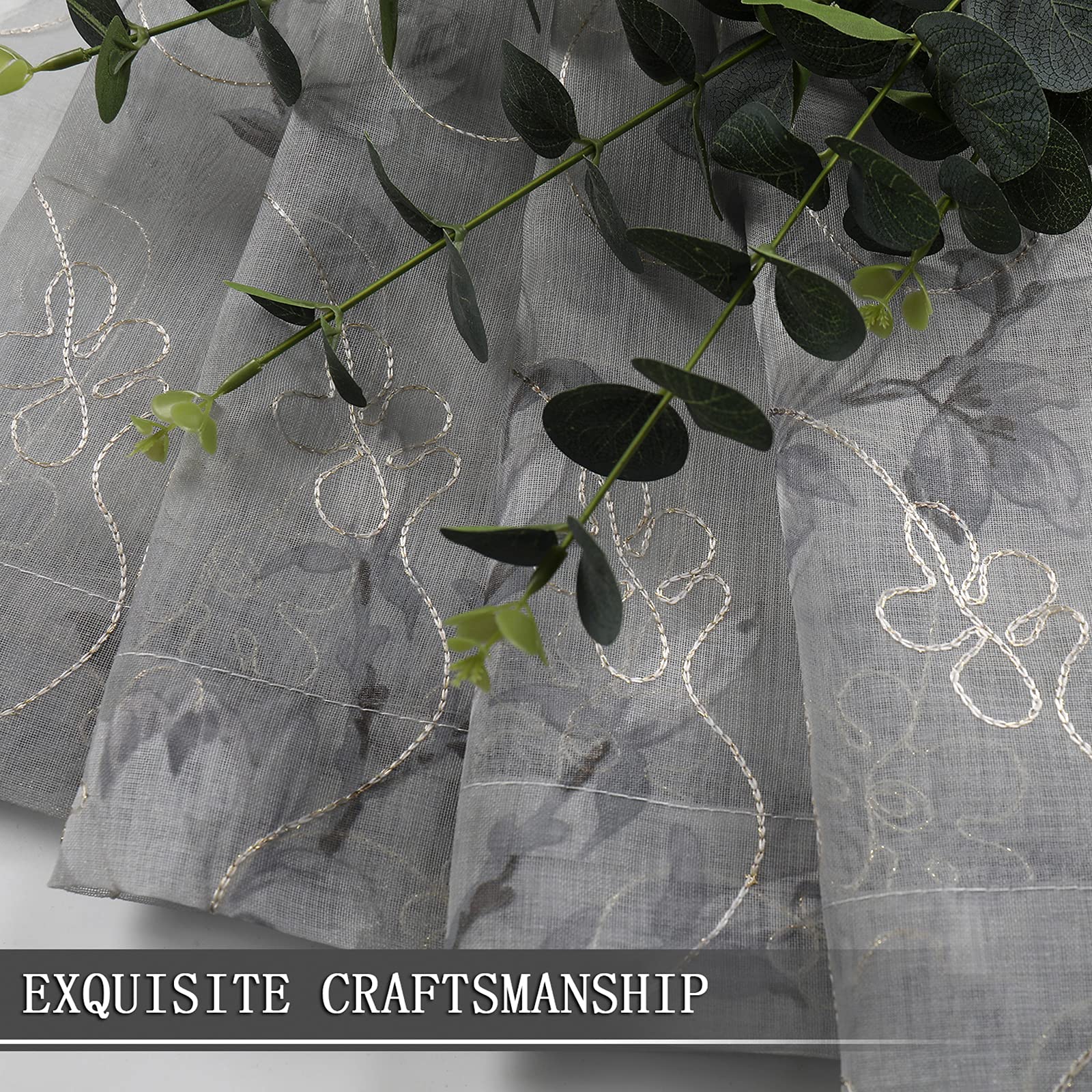 Tollpiz 2 Vorhänge aus Voile, Blumendruck, Grau, mit Blumenmotiv