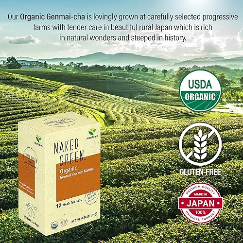Vista 3 de MAEDA-EN NAKED GREEN Genmai-cha orgánico con matcha, 12 bolsitas de té bebidas calientes o frías, té verde, té verde de origen japonés envueltas