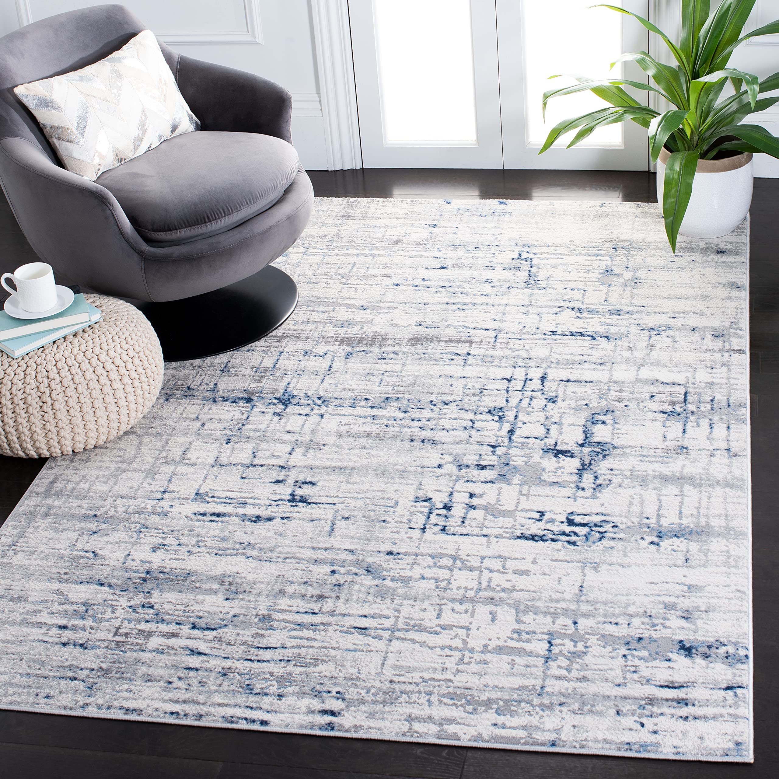 SAFAVIEH Amelia Collection Accent Rug - 2'3" x 4', Ivory & Blue, Modern Abstract Design, Non-Shedding & Easy Care, Ideal for High Traffic Areas in