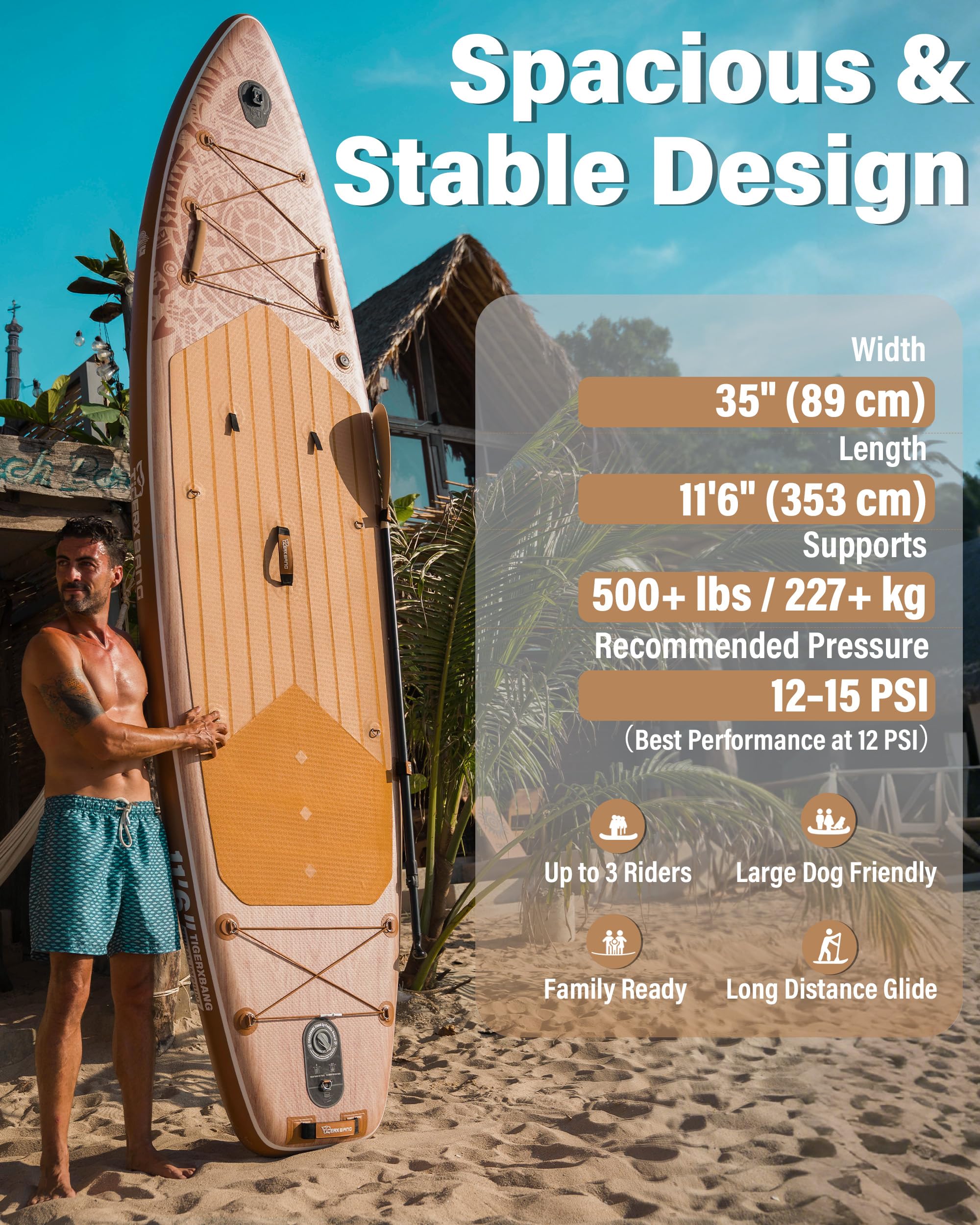 TIGERXBANG SUP Board Aufblasbar 353 x 89 x 15 cm, Tribal Imprint Design, Extra Breit & Stabil, Allround SUP für Erwachsene, Familien & Anfänger, mit Komplett-Set