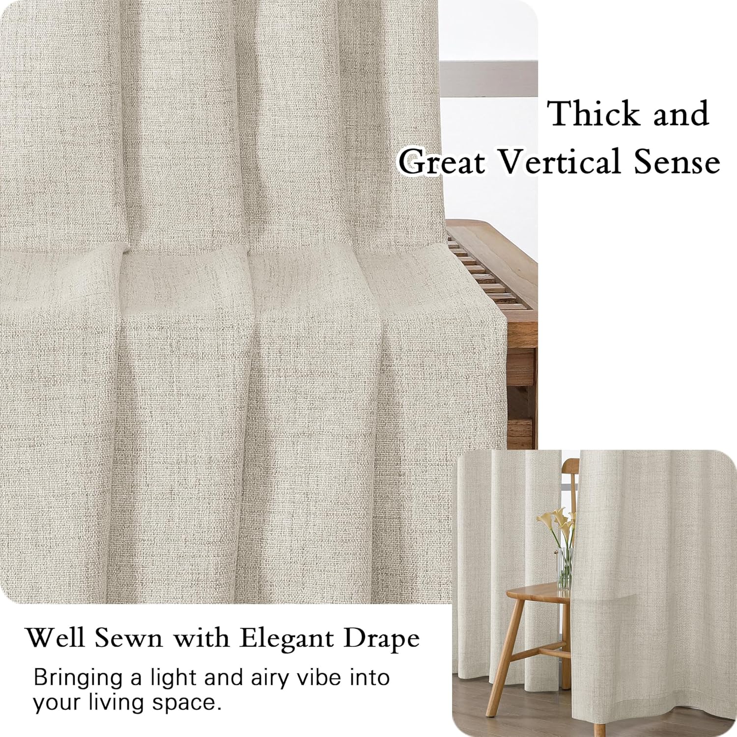 OVZME Extra Wide Curtains 96 Inches Long 2 Panels, Light Filtering Rod Pocket Window Drapes, Faux Linen Rustic Farmhouse Dining Room Curtains for Sliding Glass Door, Natural, 2x52Wx96L Inches