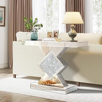 Silver Mirrored Console Table with Crushed Diamond lnlay, 32 Long Entryway Sofa Table, Shiny Narrow Table for Living Room, Hallway Foyer, Entrance