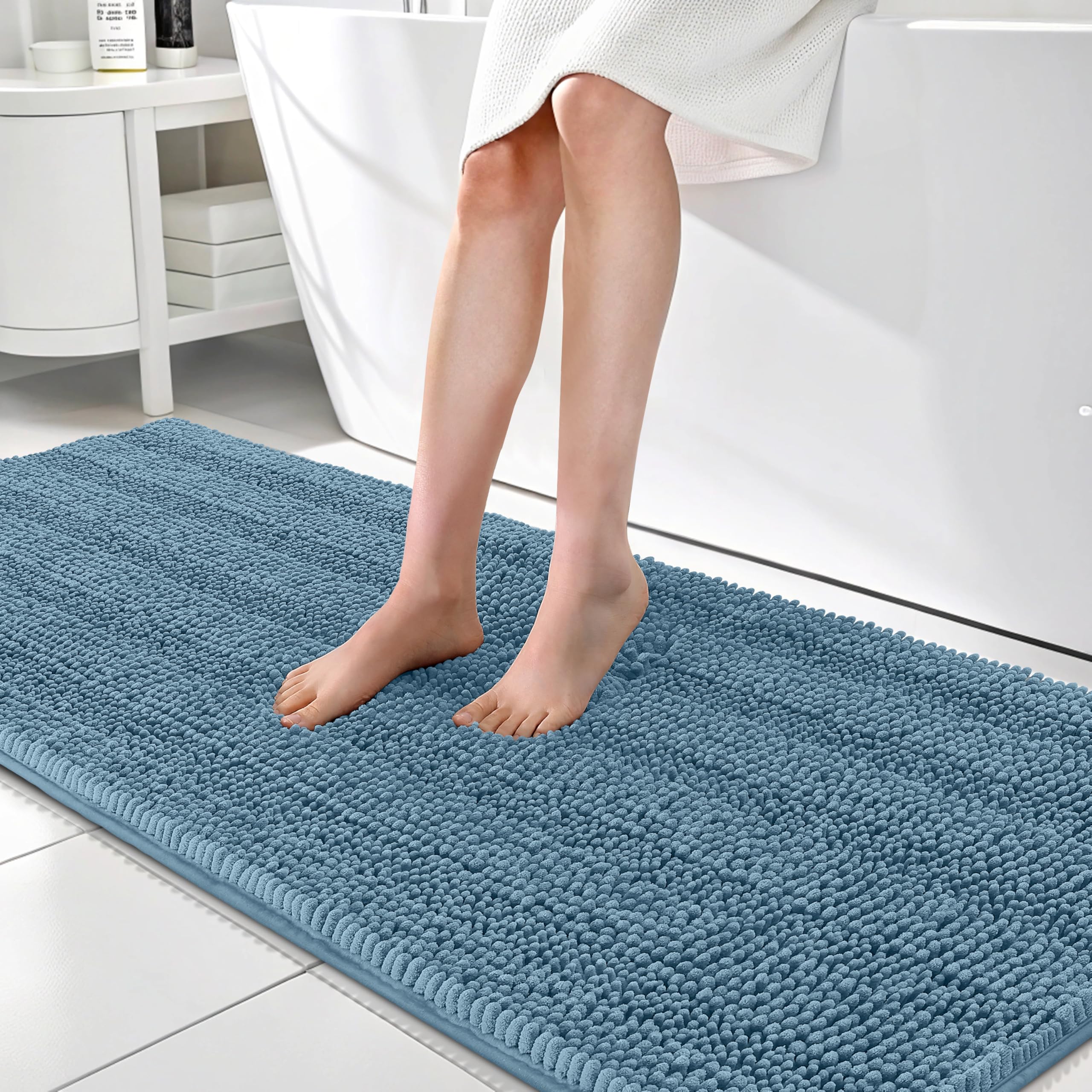 OLANLY Thick Bathroom Runner Rugs 70x24, Soft Chenille Bath Rugs, Airy Blue
