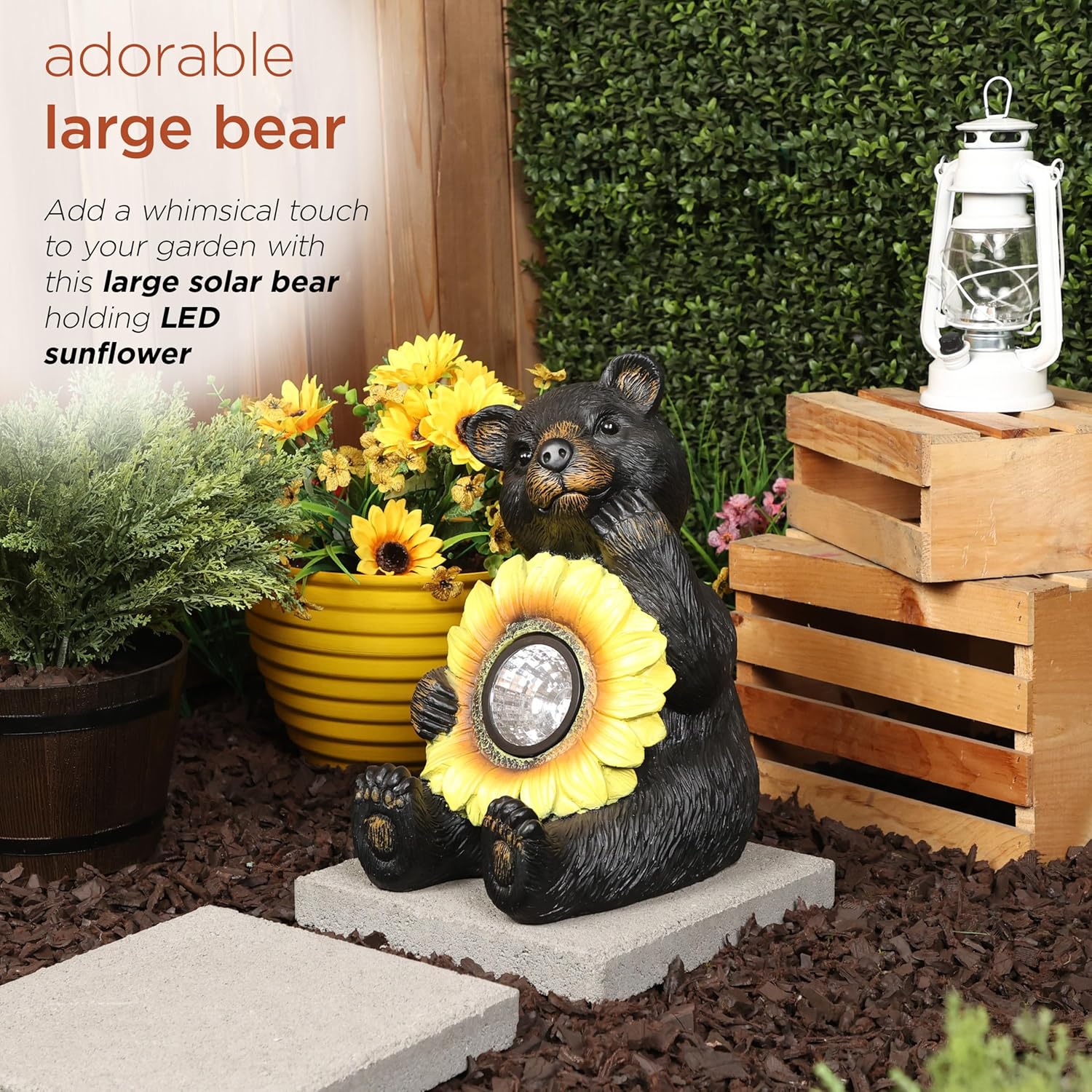Alpine Corporation 16" H Outdoor Solar Powered Bear Statues with Sunflower LED Light, Brown/Yellow