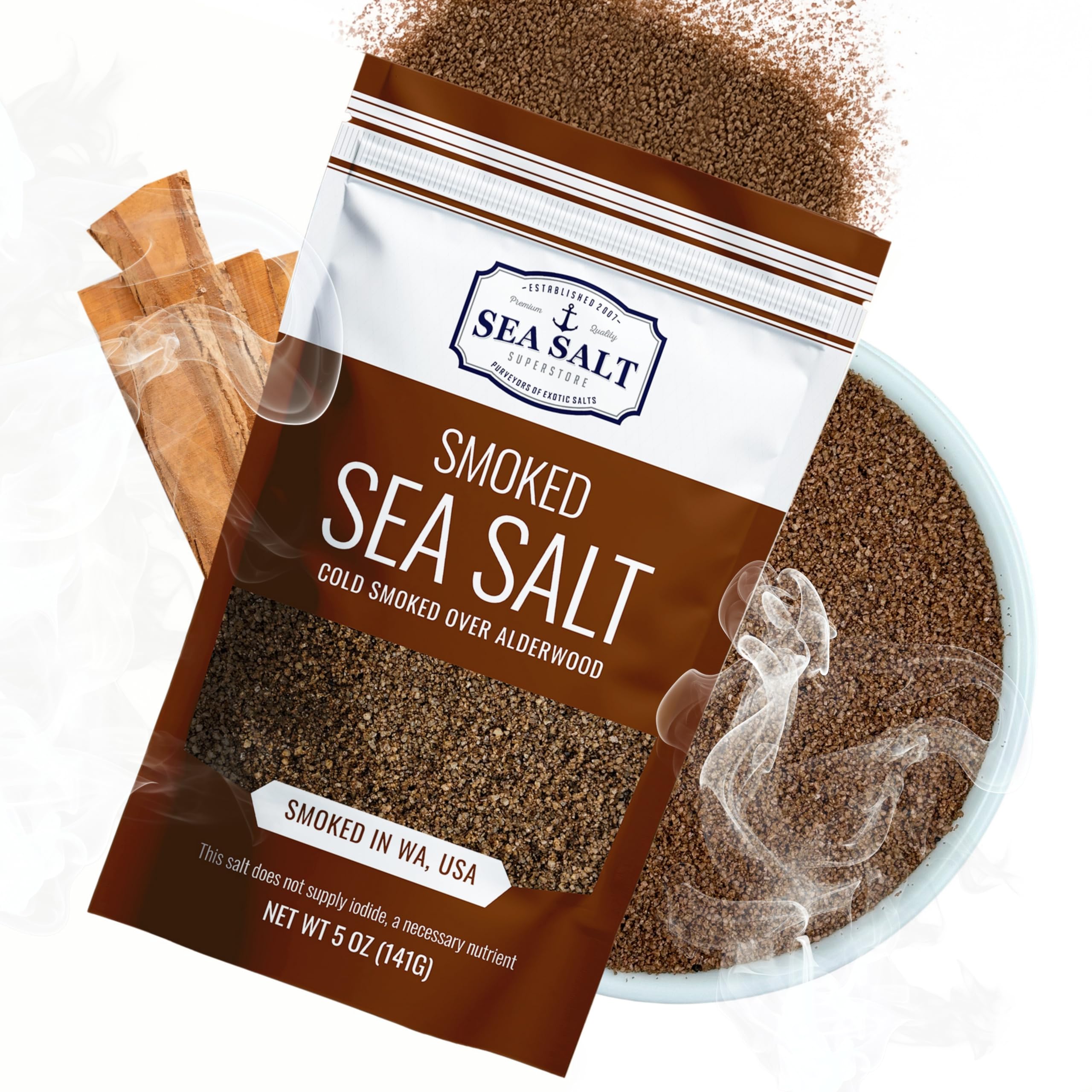 Fine Grain Cold Smoked Sea Salt Over Alderwood, Unrefined Fine Smoky Flavored Kosher Salt for Grilling & Cooking, 5 oz Bag
