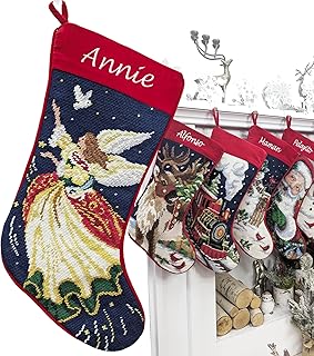 Angel Dove Christmas Stocking Needlepoint - Finished Handmade Wool Needle Point Personalized Name Embroidery Family Old Fashioned Kids