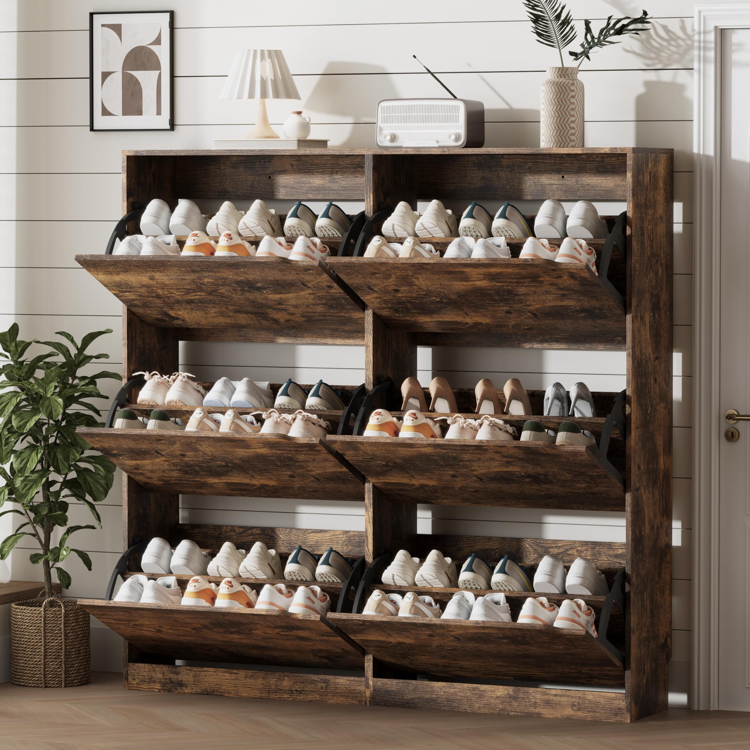 Xixini Shoe Storage Cabinet for Entryway with 6 Flip Drawers, Sturdy Wood Hidden Shoe Storage, Freestanding Narrow Slim Shoe Organizer for Front Door Entrance, Living Room, Hallway, Bedroom, Brown