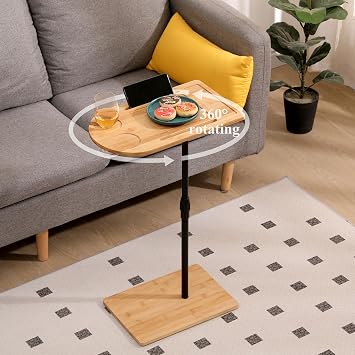 C-Shaped End Table Couch Tray Table, Small Side Table Coffee Table for Couch and Recliner Bamboo Height Adjustable with Slots and Metal Frame Small Side Table for Small Spaces Natural