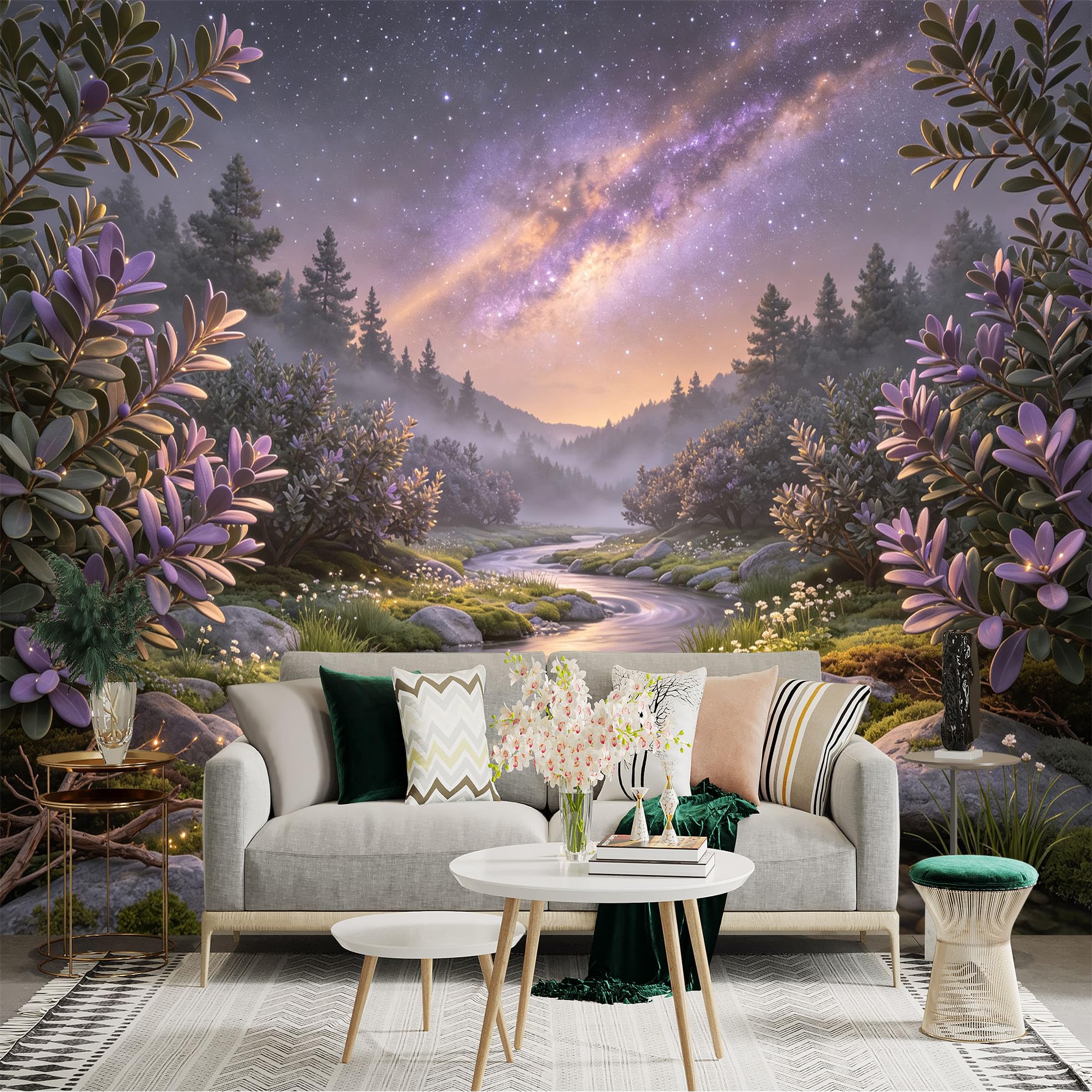 Lnzczhyre Bh260719723 Custom Size Wall Sticker Mural， Winding River Through Purple Flora Forest， Milky Way Galaxy Night Sky， Glowing Dreamy Landscape， For Wall Decoration， Peelandstick Wall Decals.