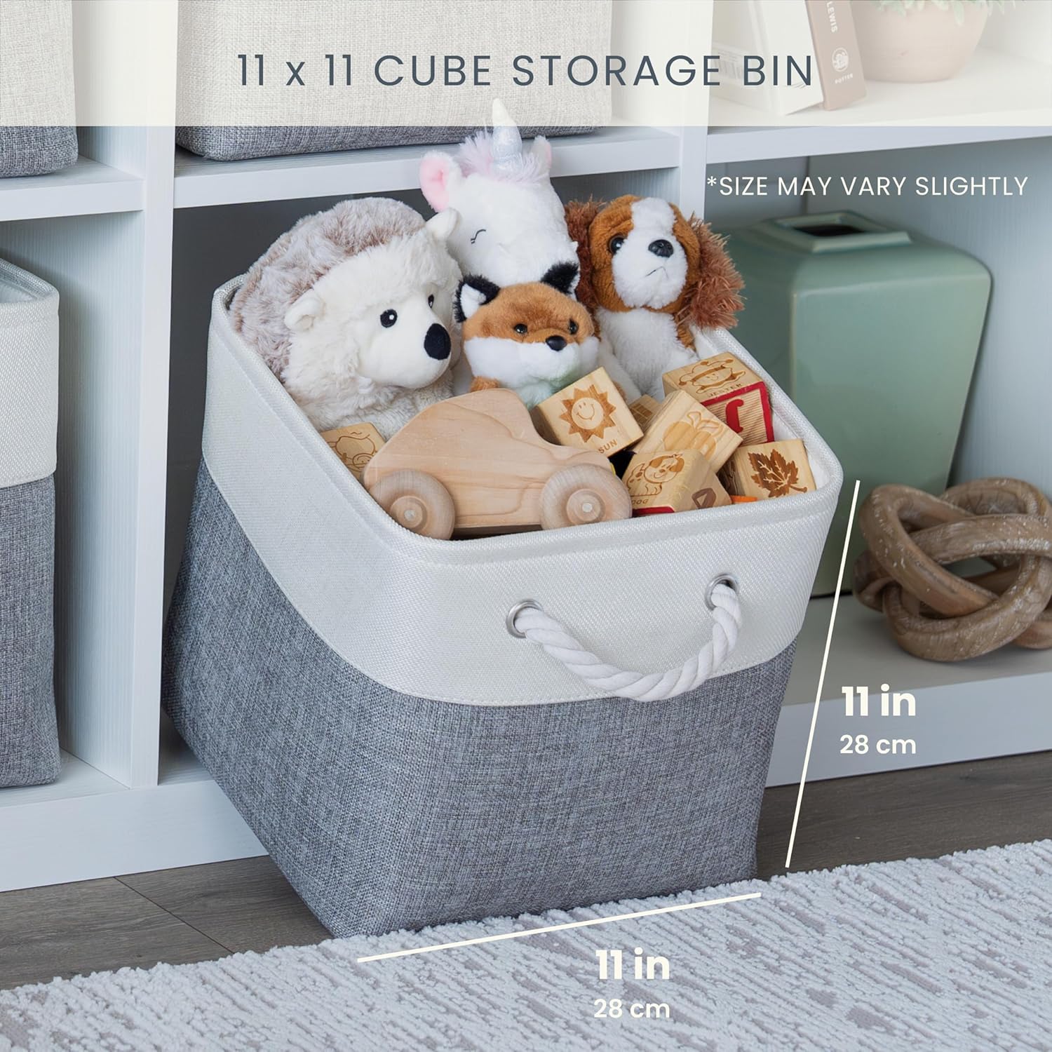 OrganiHaus 11x11 Cube Storage Bins 4 Pack, Foldable Cube Storage Organizer w/ Rope Handles, Collapsible Fabric Bins for Toys, Clothes & Closet Organization, Fabric Square Baskets - Beige/White - Image 2