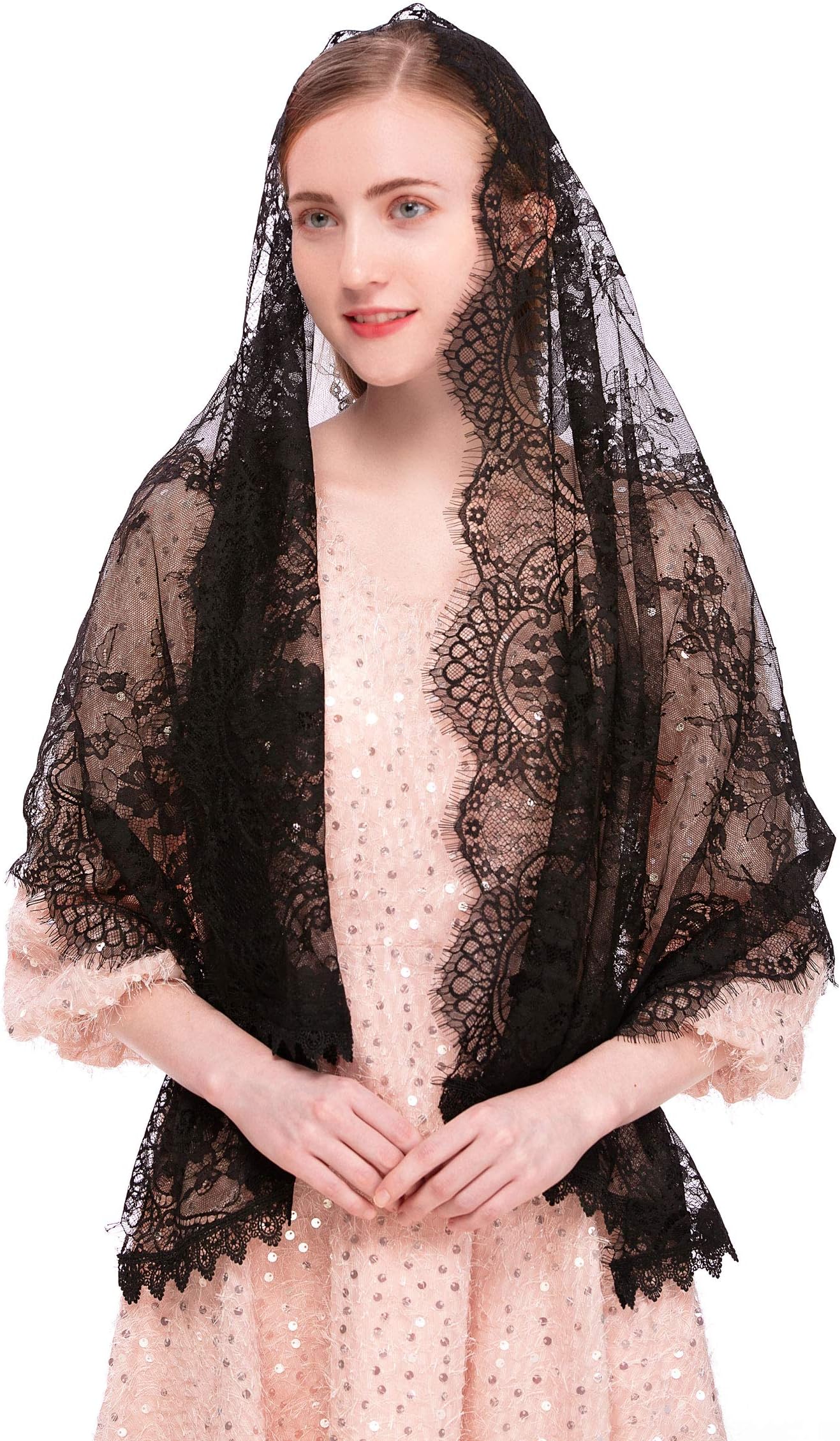 PAMOR Rectangular Chapel Veil Spanish Lace Floral Mantilla Veils Wrap Shawl Mass Head Covering