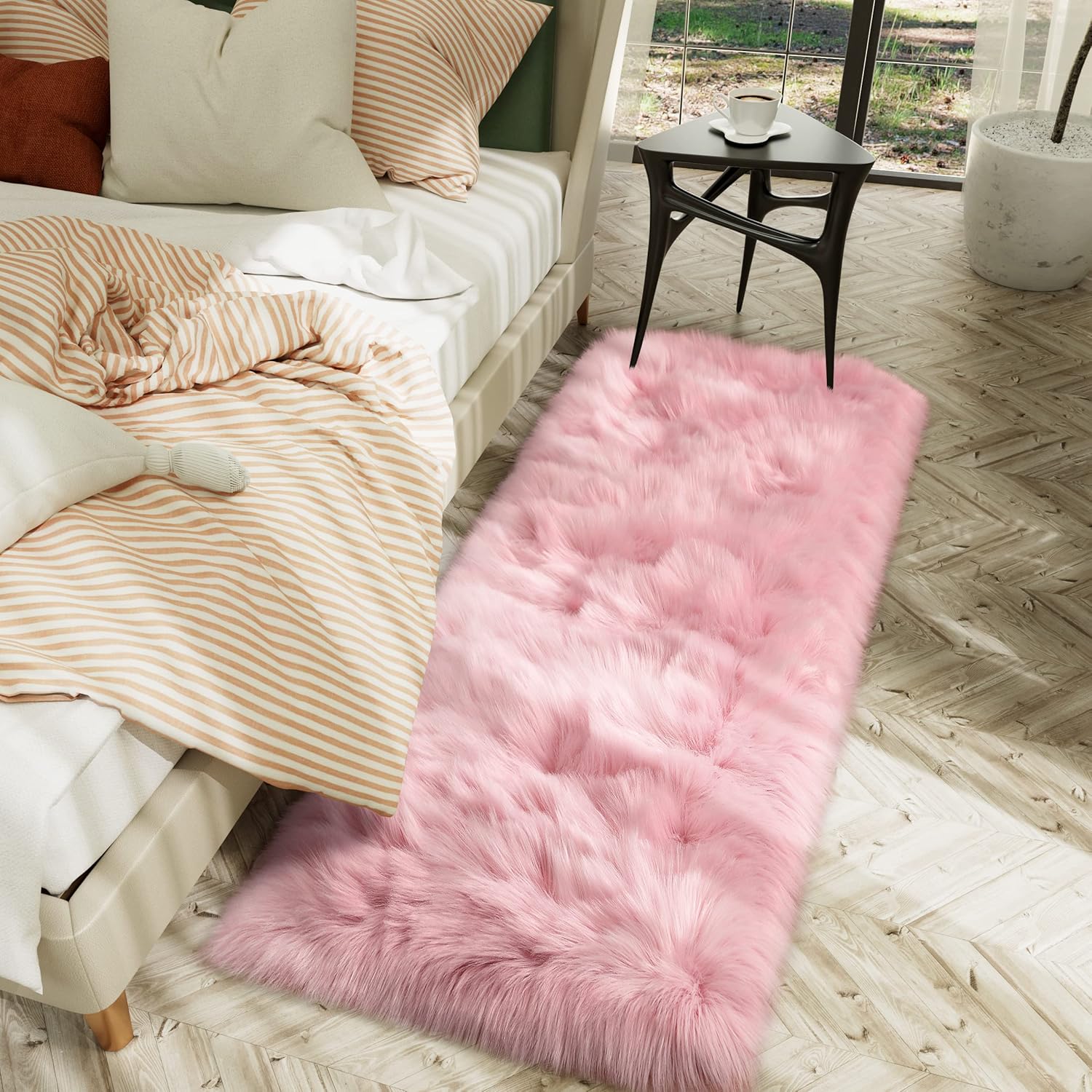 LOCHAS Soft Fluffy Faux Fur Rugs for Bedroom Bedside Rug 2x5 Feet, Washable, Furry Sheepskin Area Rug for Living Room Girls Room, Luxury Shag Carpet Home Decor, Pink Pink 2' x 5' (Runner)