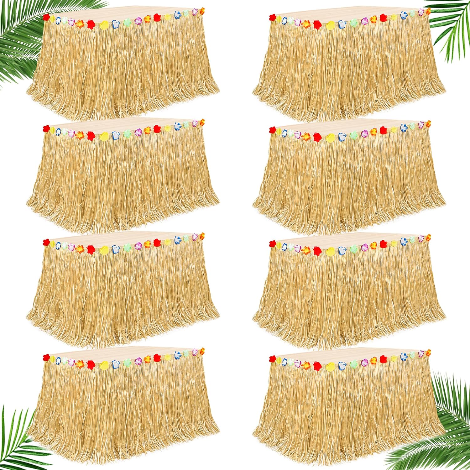 8PCS Hawaiian Table Skirt, Gold Luau Themed Grass Table Skirt Party Supplies, Indoor Outdoor 108 X 29.5" Flower Tropical Hula Dance Parties Supplies Bulk, Table Skirt for Summer Beach Themed Party