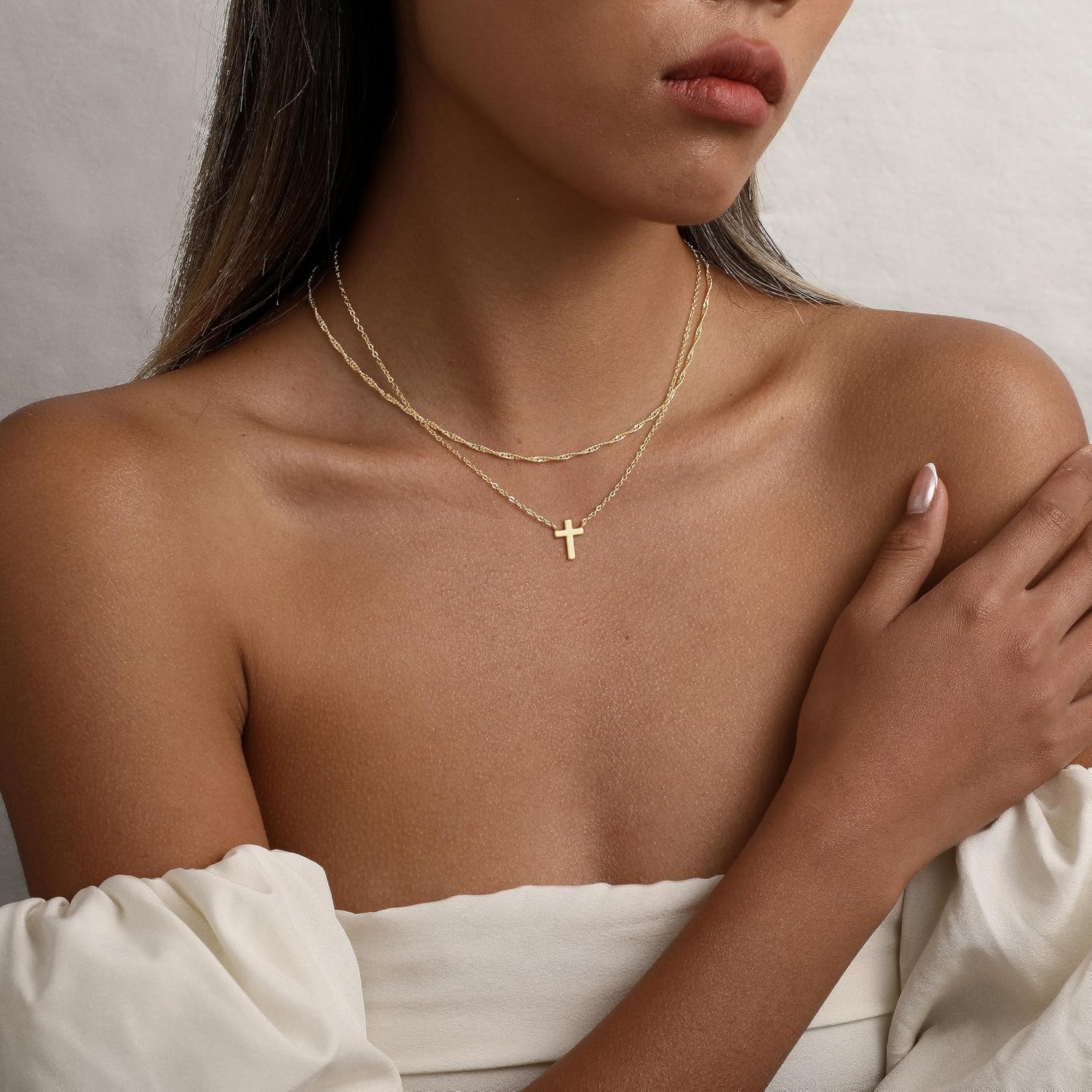 CAROVO Gold Necklace for Women Dainty 14K Gold Plated Choker Cross Flower Cubic Zirconia Necklaces Simple Layered Gold Chain Trendy Jewelry Gifts for Women - Image 5