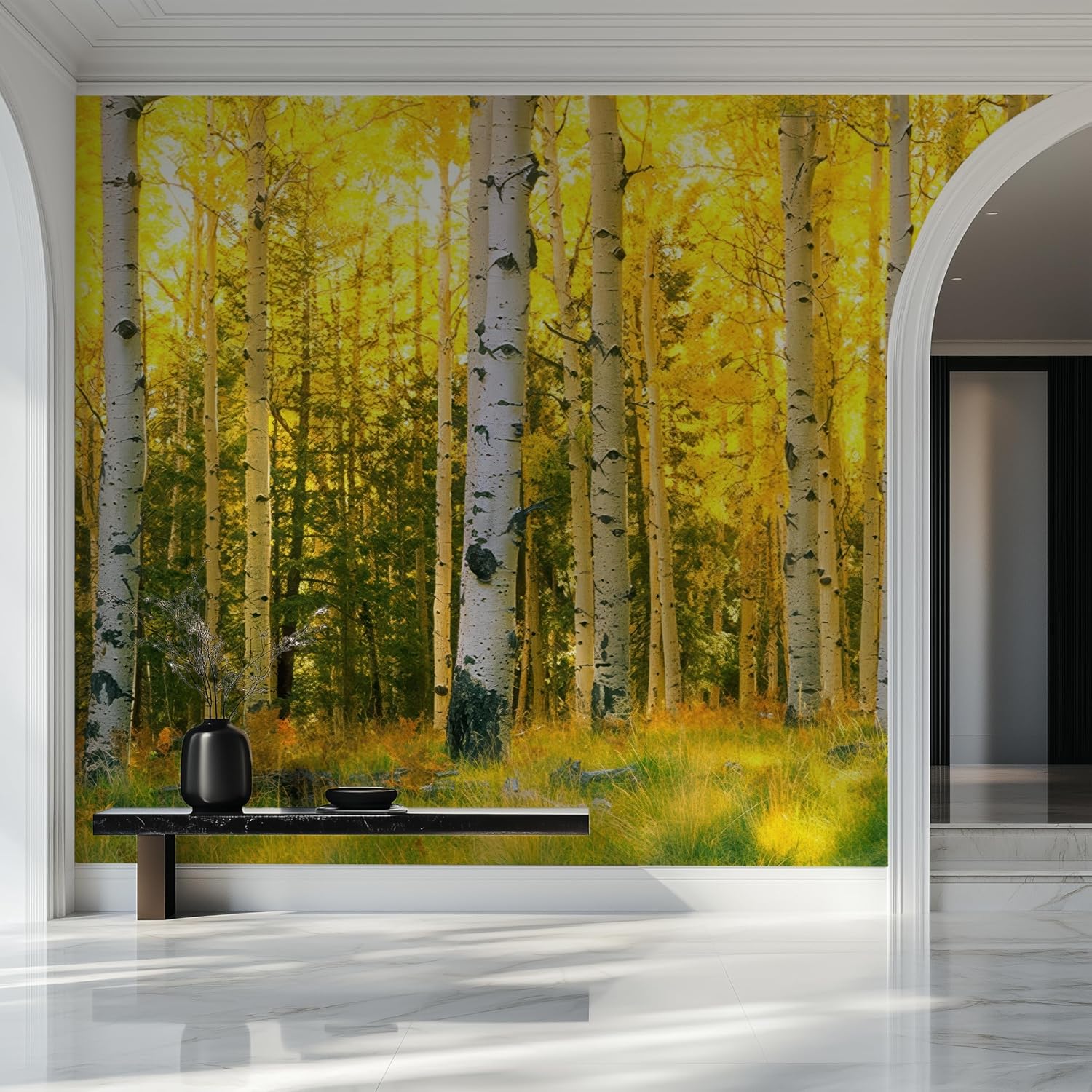 Peel and Stick Self Adhesive Canvas Wall Mural Autumn Aspen Forest Yellow Trees Scenic Removable Wallpaper for Living Room Bedroom Office (A, 137''X98'')