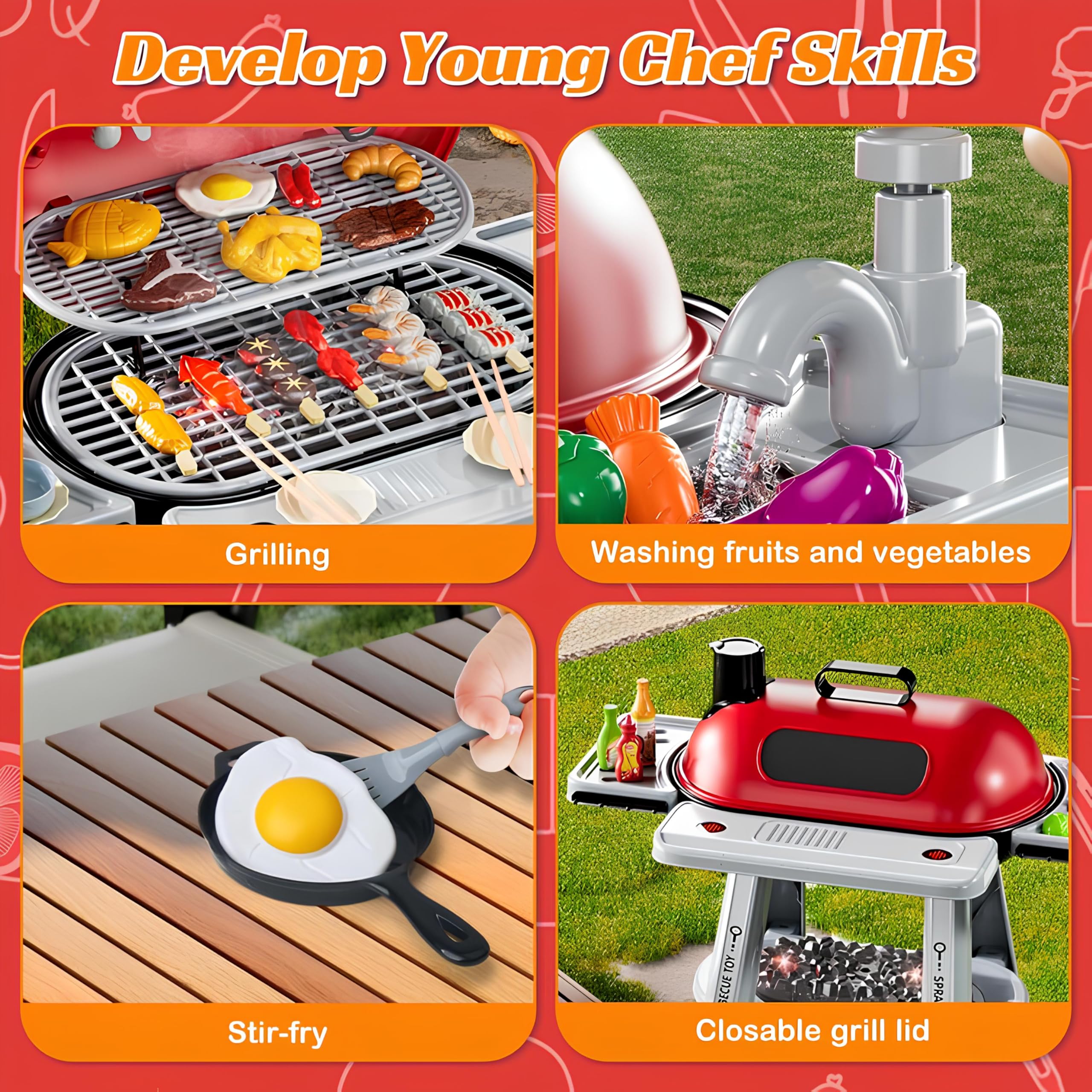 Barbecue Giocattolo Grill con Effetto Fumo Luci Suoni Realistici di Cottura Rubinetto Funzionante ad Acqua Griglia BBQ Barbeque da Cucina con Fumo Grill per Bambini con Accessori Cibo da Grigliare (A)