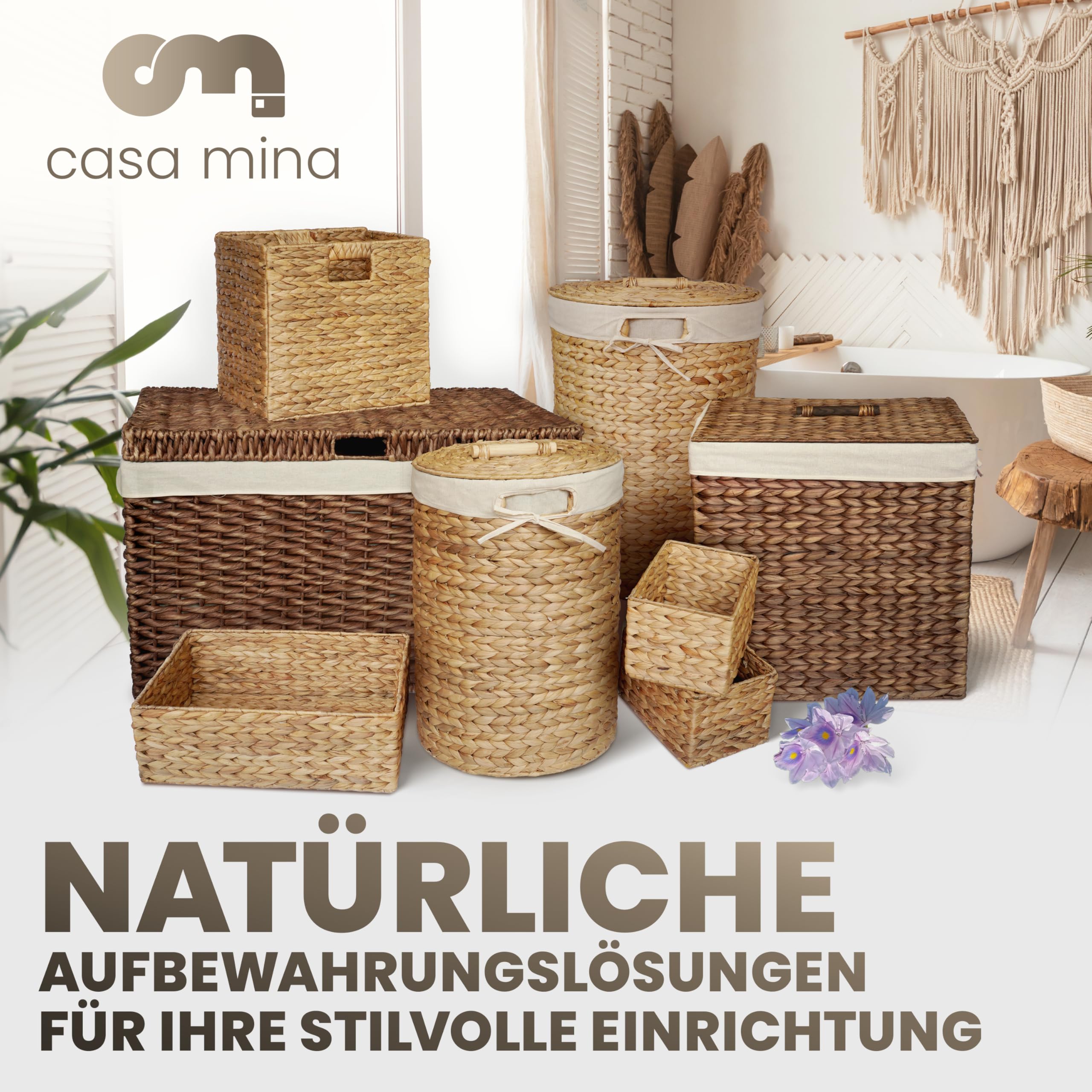 Casa Mina® Wäschekorb mit Deckel | Atmungsaktiver Wäschekorb geflochten aus 100% Naturfaser I Robuster Wäschesammler mit Griffen & waschbarem Innensack I Wäschekörbe (Natur, 30 x 44cm)