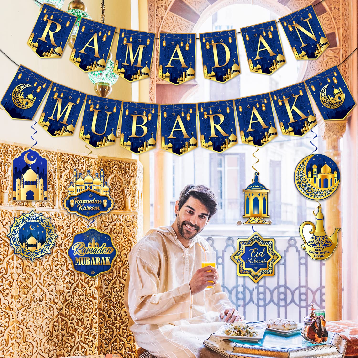 Ramadan-Dekorationen Set – 6 Goldene Hänge-Dekorationen Mit Mond-Motiv, Glitzernd