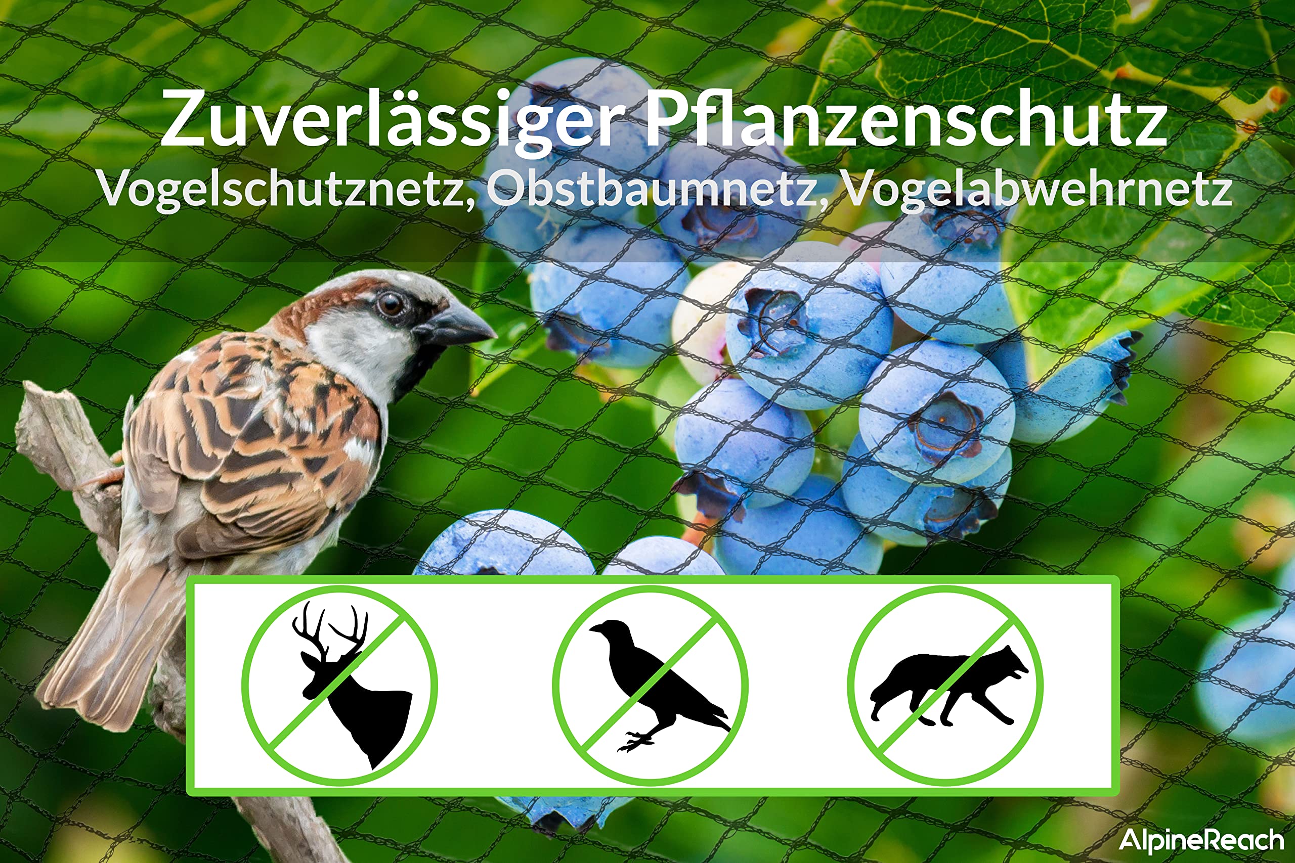 AlpineReach 2m x 20m Vogelschutznetz Gartennetz Feinmaschig (15 x 15mm) Extra Stark Gewebtes Netz, Vogelnetz, Obstbaumnetz, Katzennetz, engmaschig Laubnetz, Kabelbinder, Wiederverwendbar, Schwarz