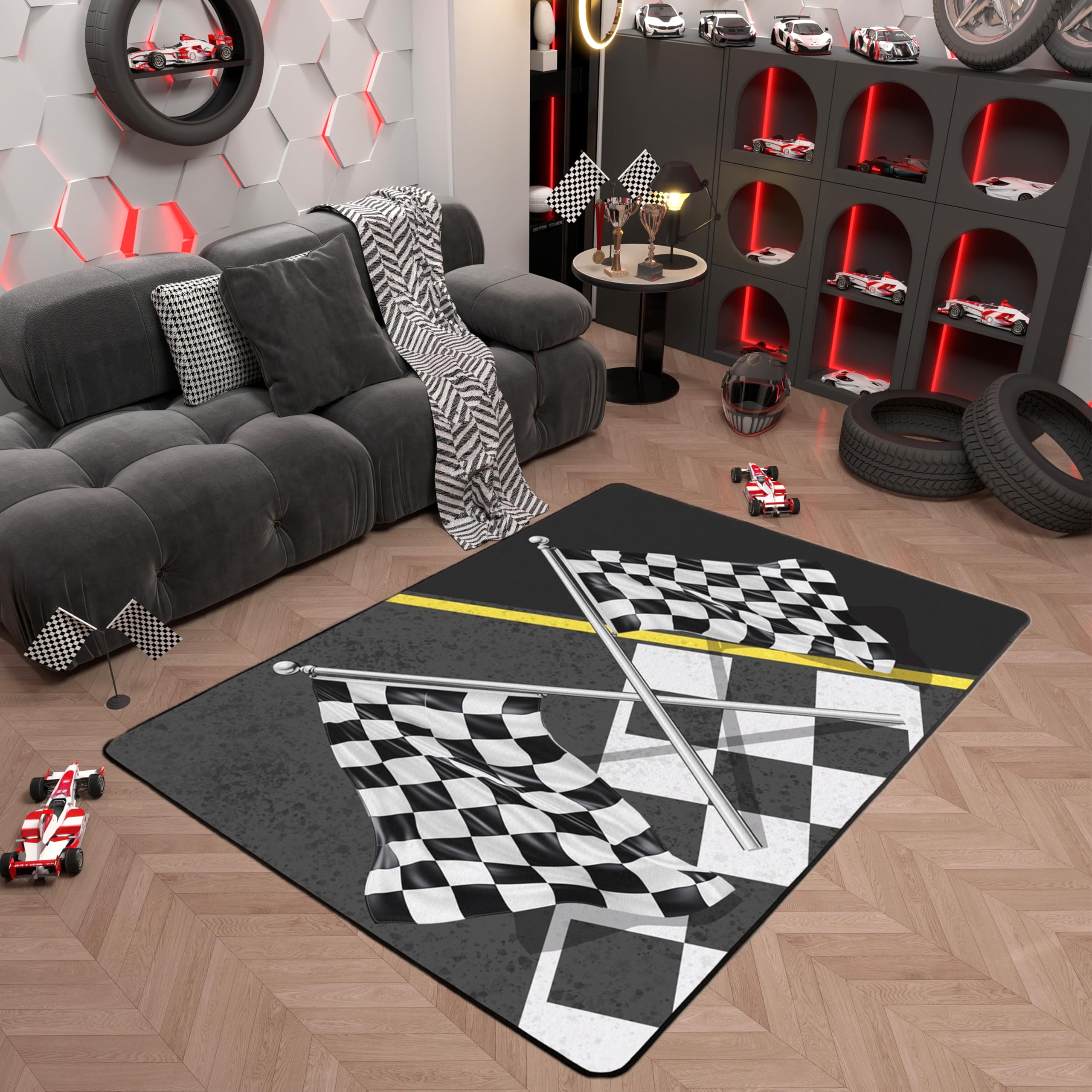 Dekorativer Teppich mit Rennwagen-Flagge, 1,2 x 1,8 m, schwarz-weiß karierte Flagge, Bodenmatte für Spielzimmer, Nachttisch, Sofa, Schlafzimmer, Rennspiel, Sport, Thema, fusselfrei, Teppich für