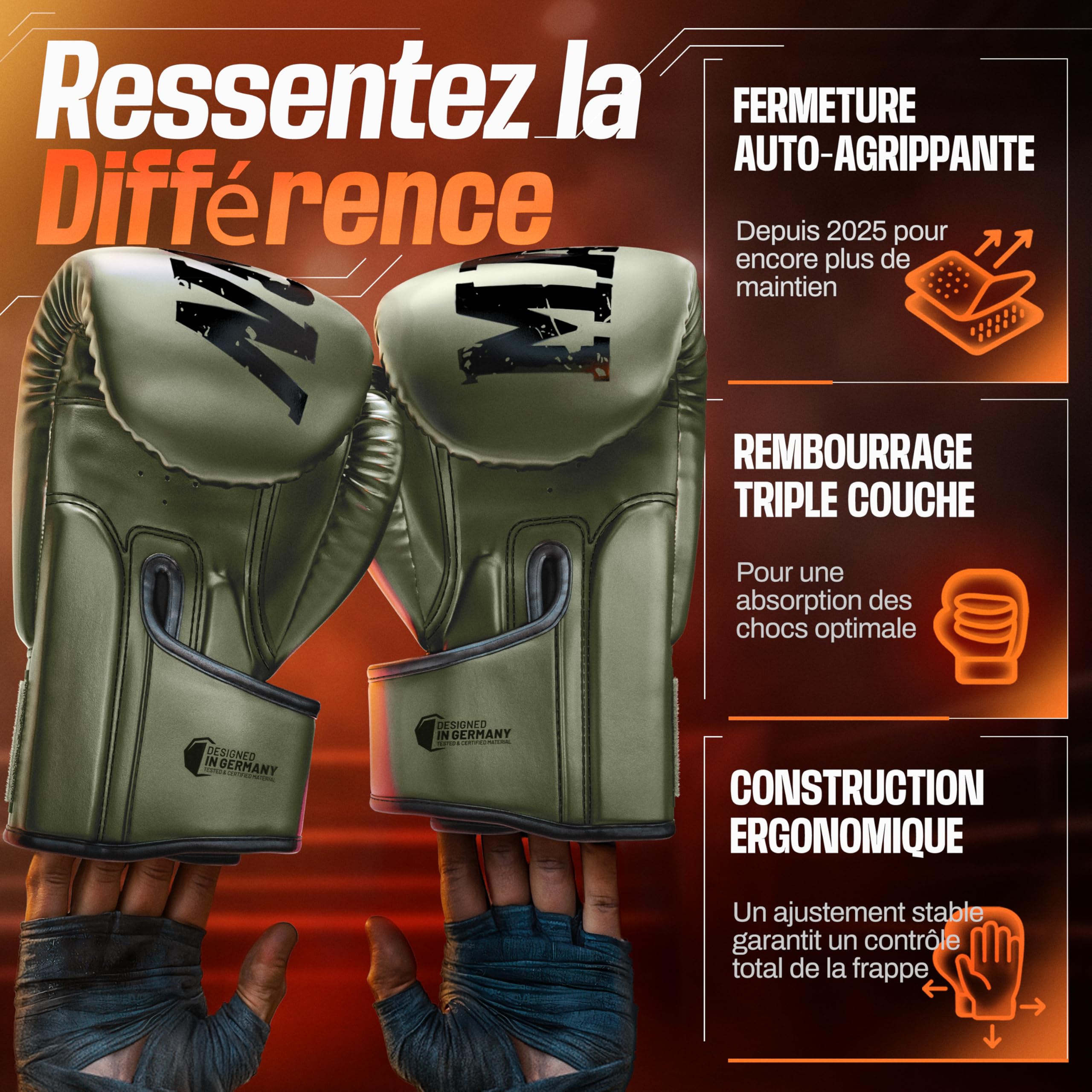 MADGON Gants de Boxe en Matériau de la Meilleure Qualité pour Une Durée de Vie Exceptionnelle - Gants MMA, pour Les Arts Martiaux, Le Sparring avec Une Absorption Optimale des Chocs, Sacoche Incluse