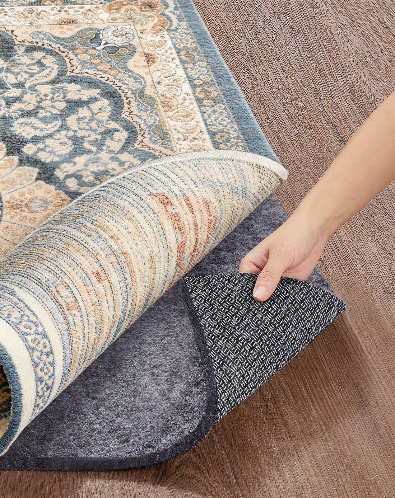 veken non slip cushioned rug pad gripper 5 x 7 ft, felt and silicone backing, 1/4 inch thick carpet liner for hardwood floors and finishes, under area rugs anti skid mat, keep rugs safe and in place