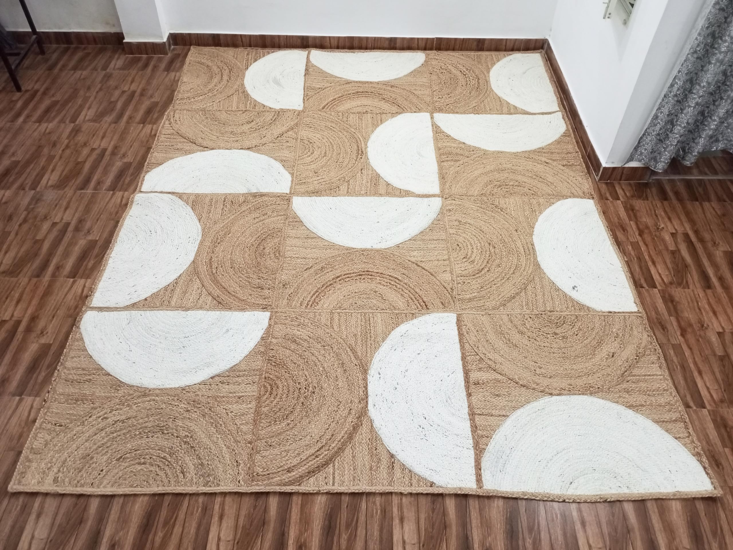 7x10 Ft Hand-Braided Natural Fiber Rug – White & Off-Beige Rectangle Jute Area Rug, Oriental Style Carpet for Living Room & Bedroom