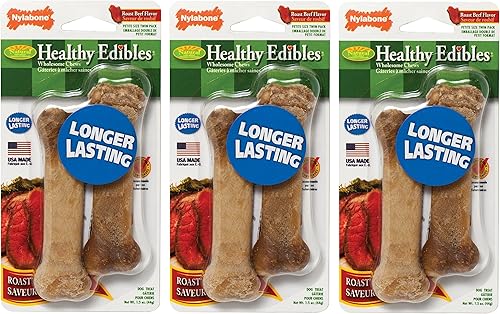 Nylabone Paquete de 3 huesos masticables saludables para perros comestibles para tamaño XS/pequeño (carne asada)